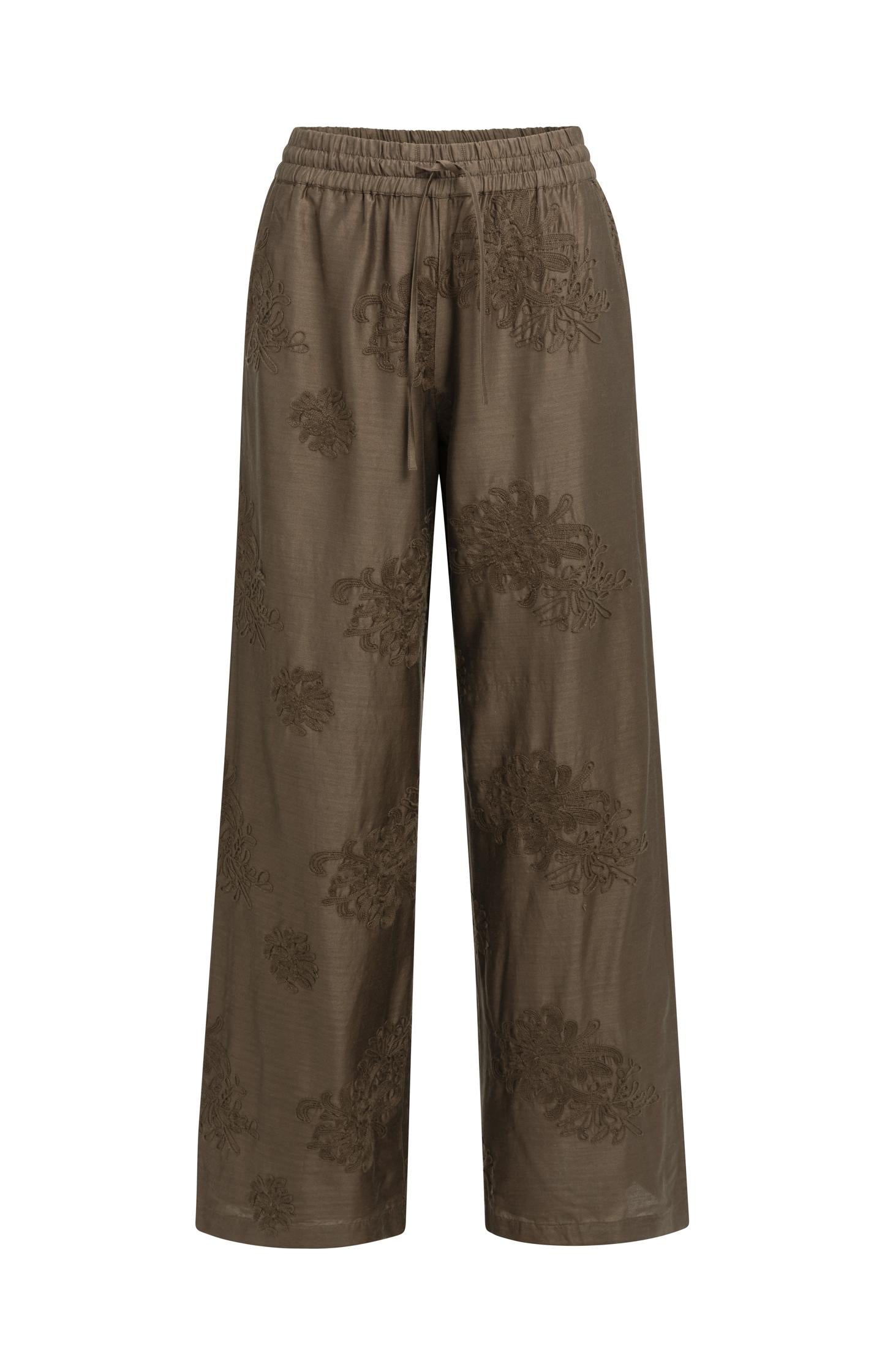 Embroidered trousers with wide legs and elastic waist