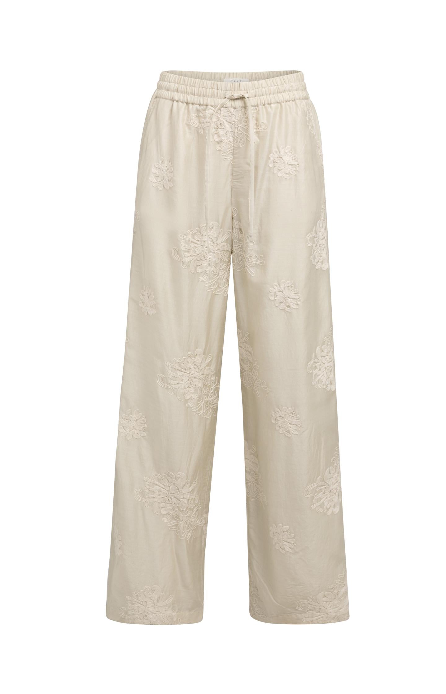 Pantalon brodé, coupe large, taille élastiquée