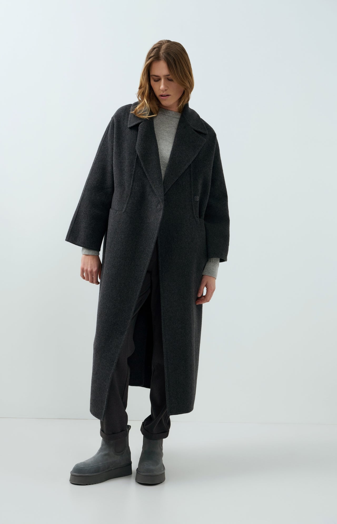 Extra long wool blend coat with oversized fit