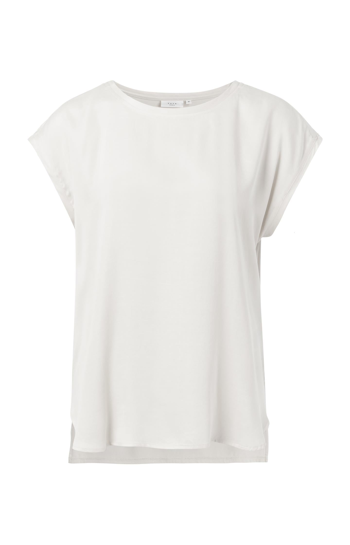 Basic mixed fabric top with round neck and cap sleeves - Type: product