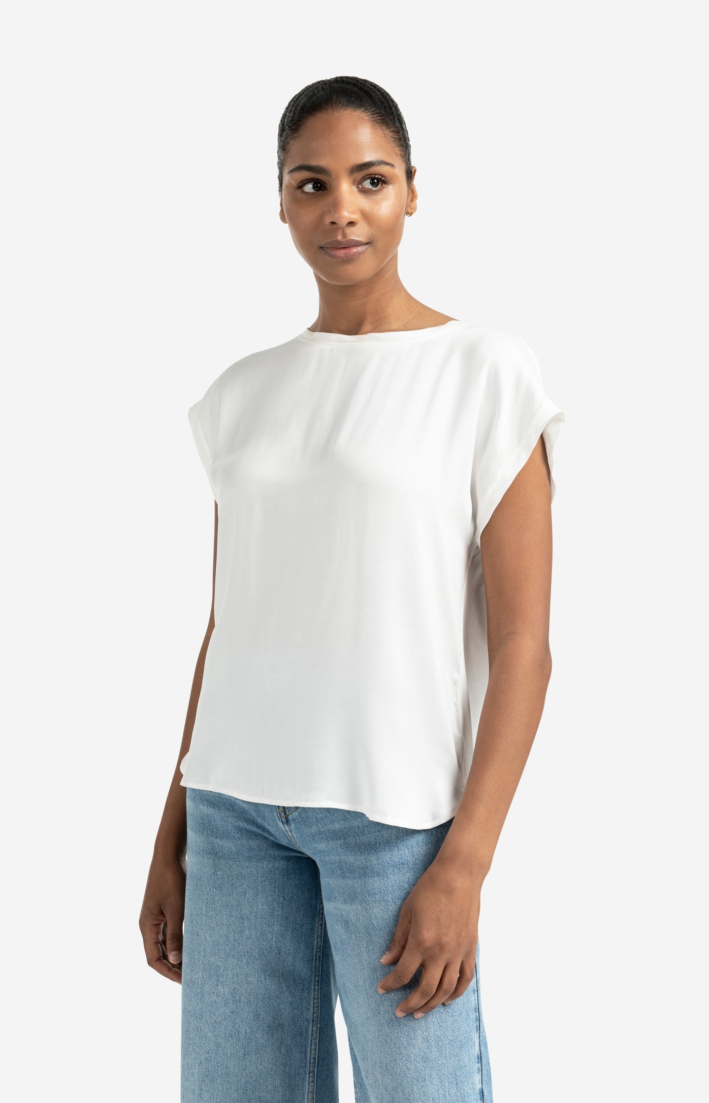 Basic mixed fabric top with round neck and cap sleeves