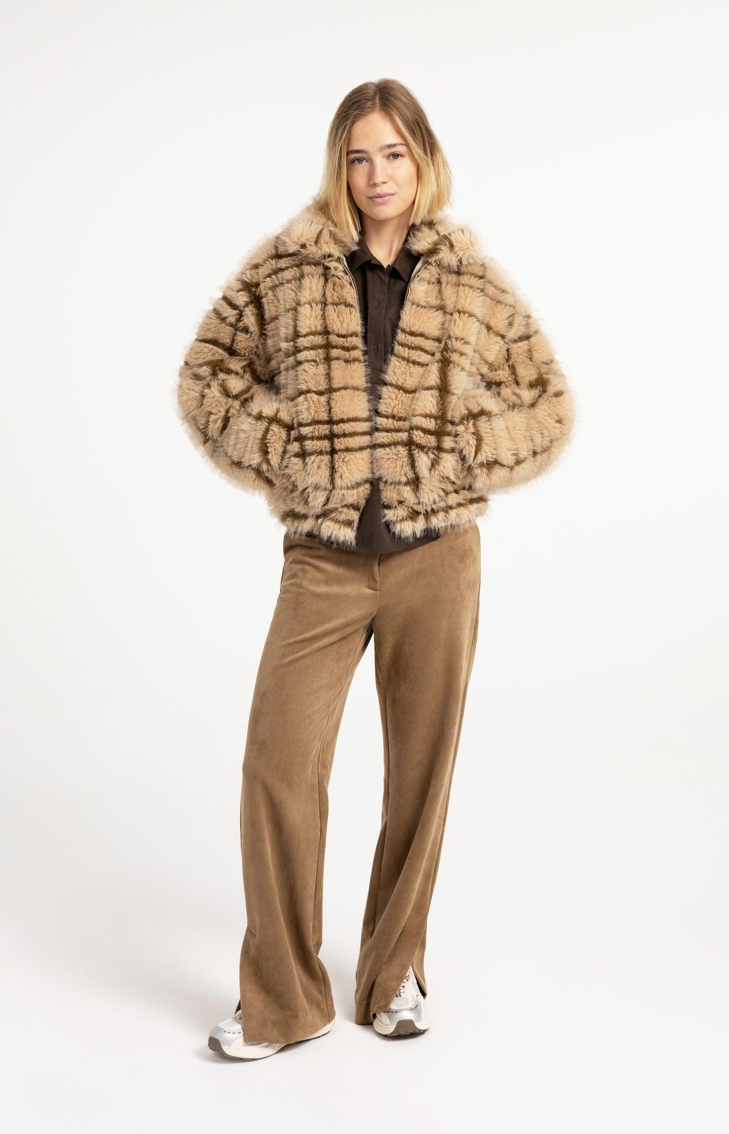 Faux fur jacket with collar and check pattern