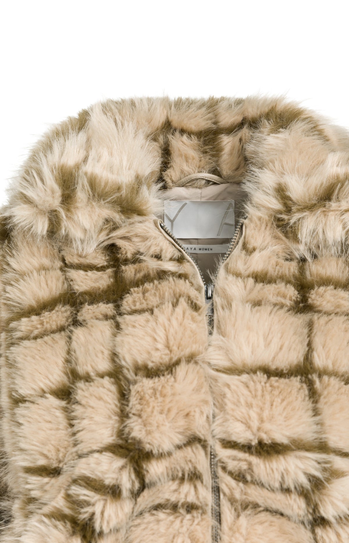 Faux fur jacket with collar and check pattern