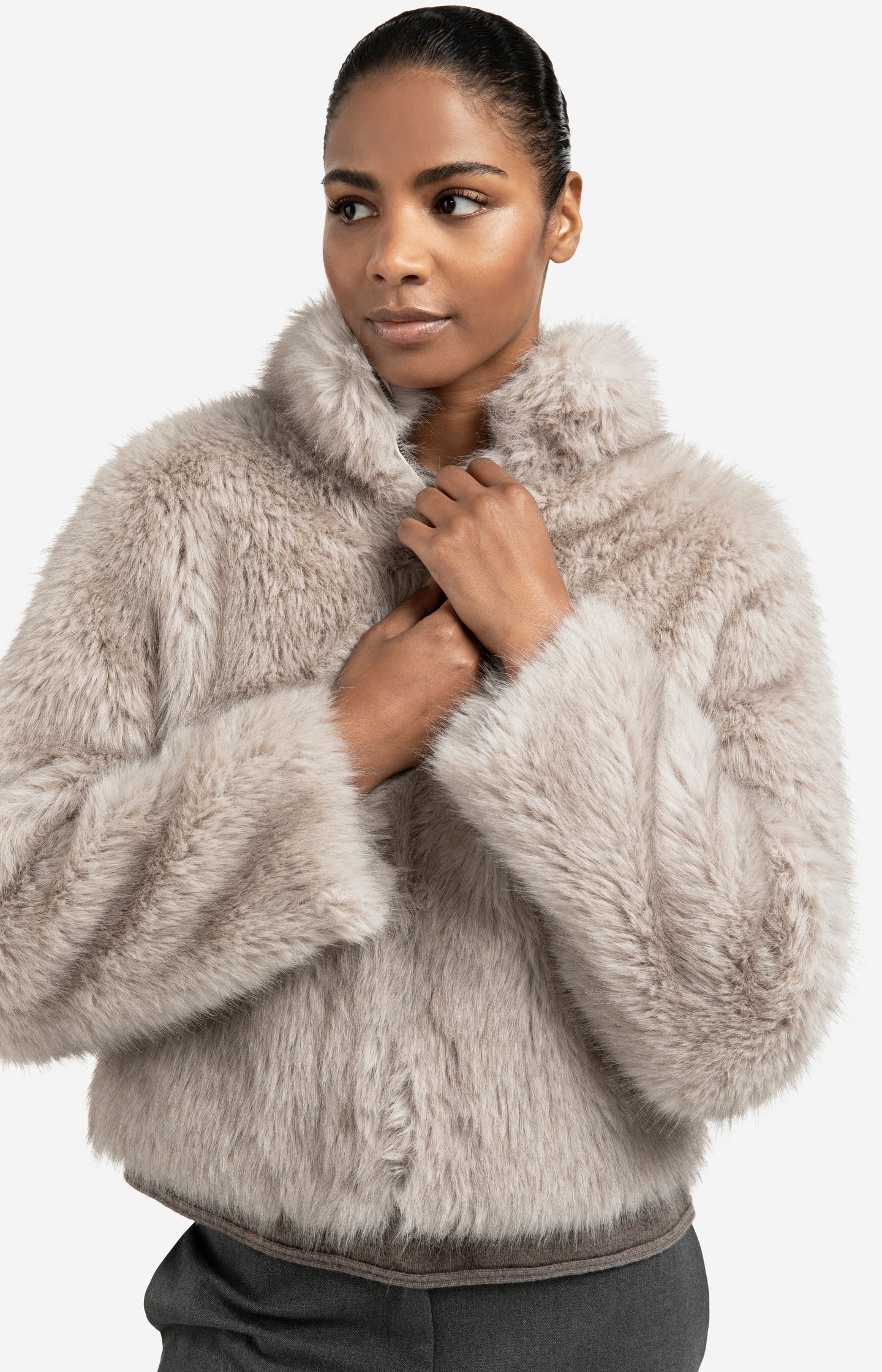 Faux fur jacket with stand-up collar