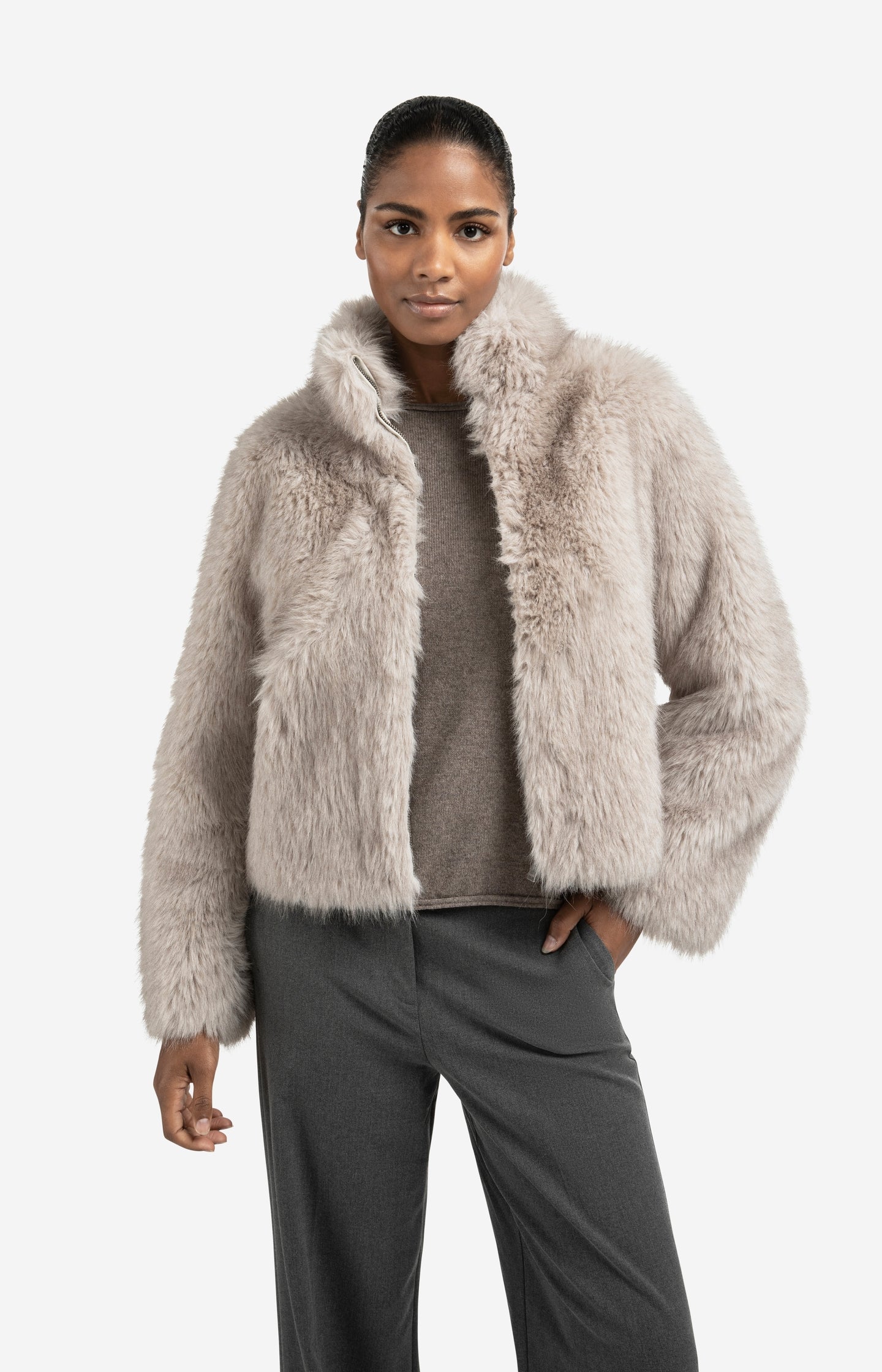 Faux fur jacket with stand-up collar