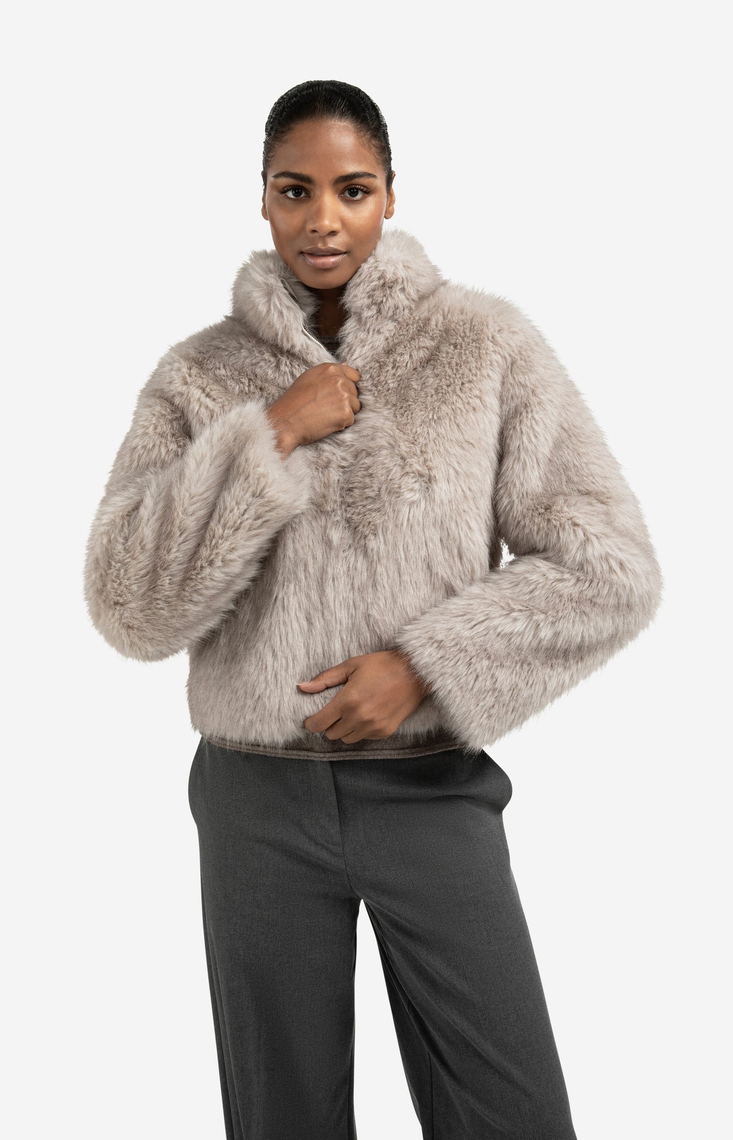 Faux fur jacket with stand-up collar