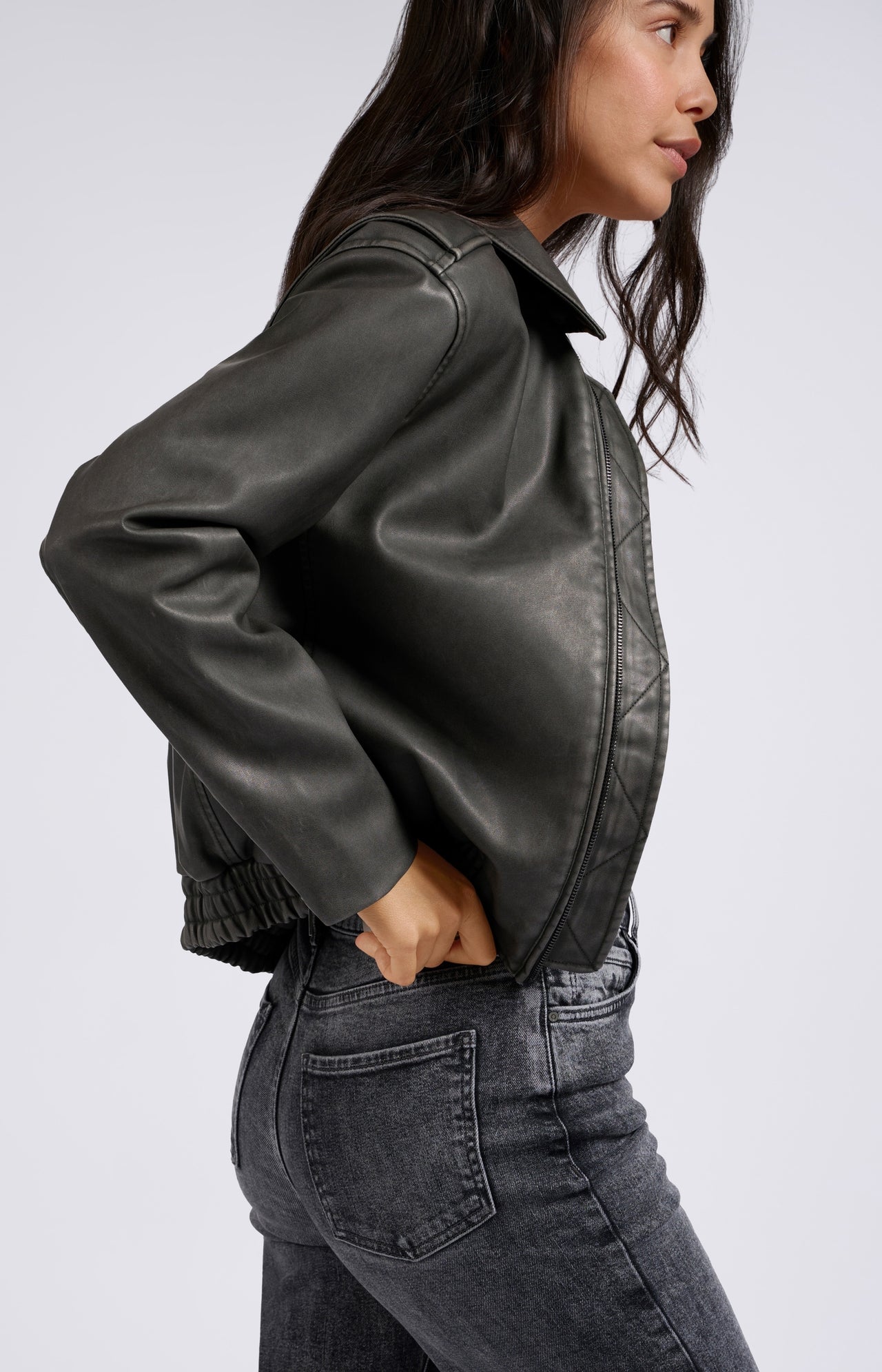 Faux leather bomber jacket with long sleeves and zippers - Type: lookbook