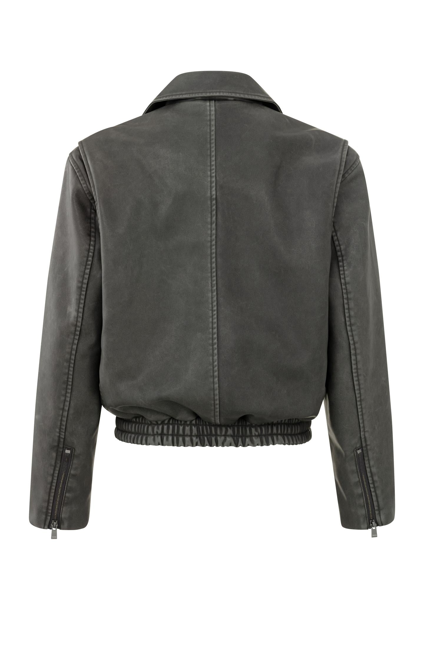 Faux leather bomber jacket with long sleeves and zippers