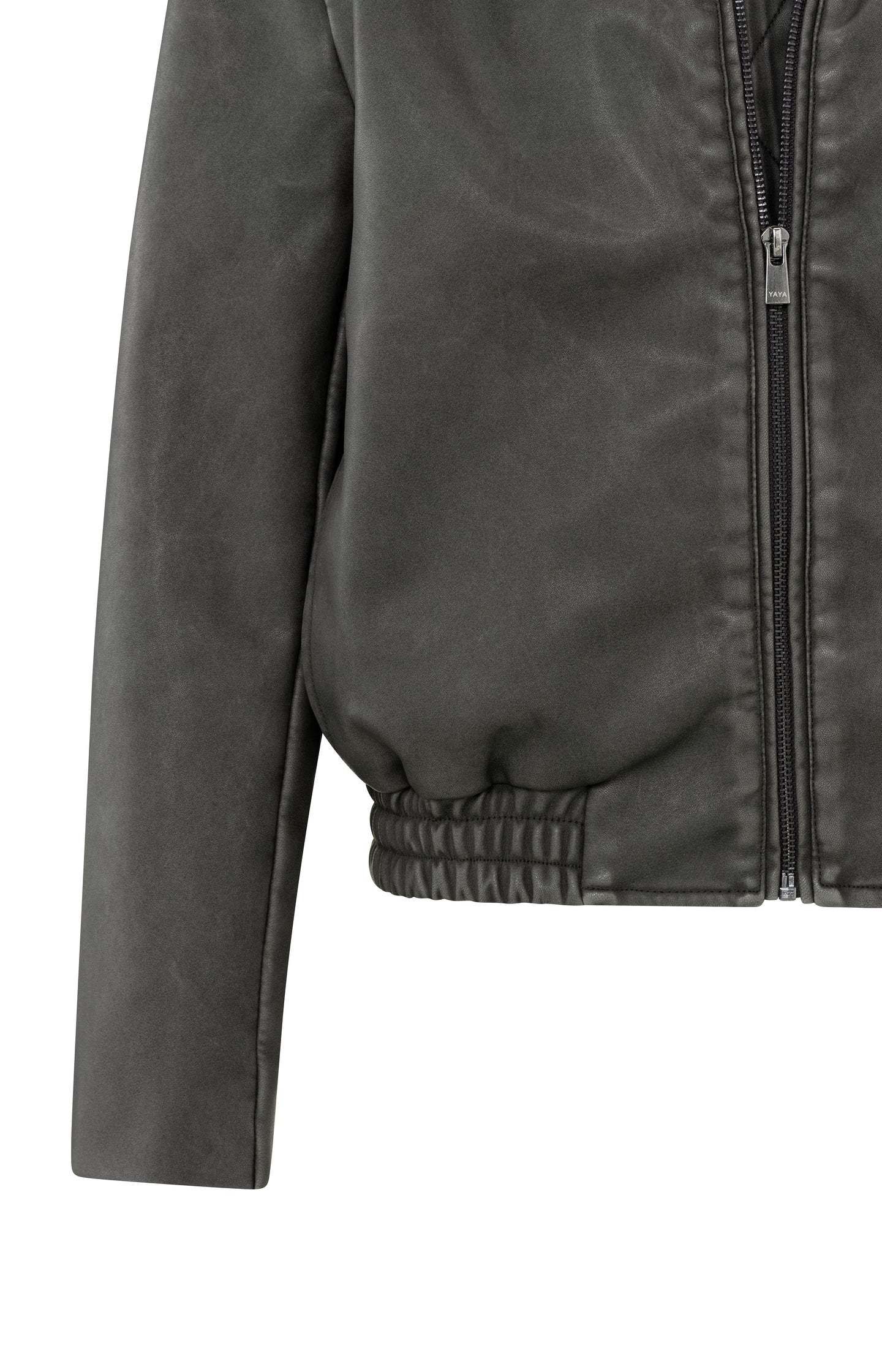 Faux leather bomber jacket with long sleeves and zippers