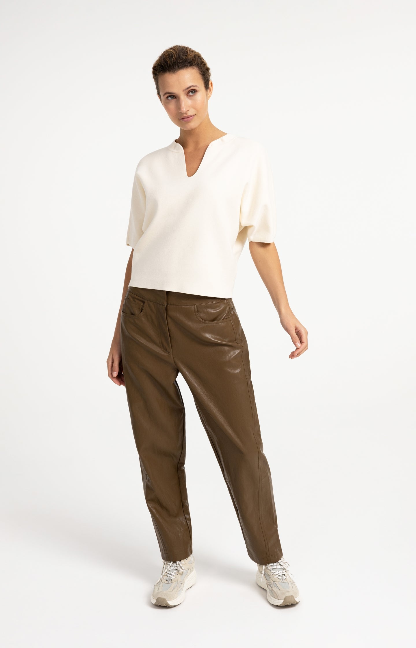 Faux leather carrot fit trousers