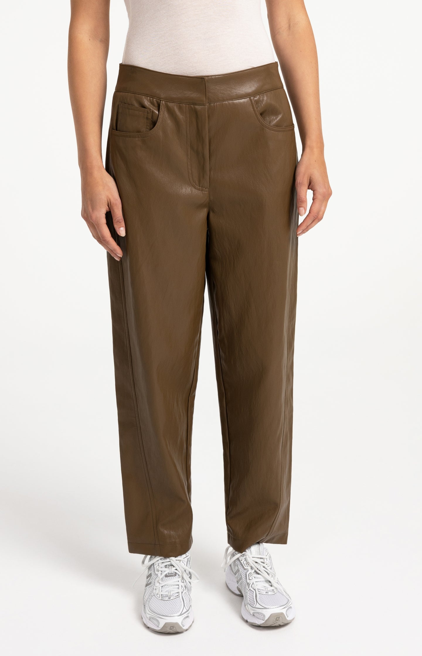 Faux leather carrot fit trousers