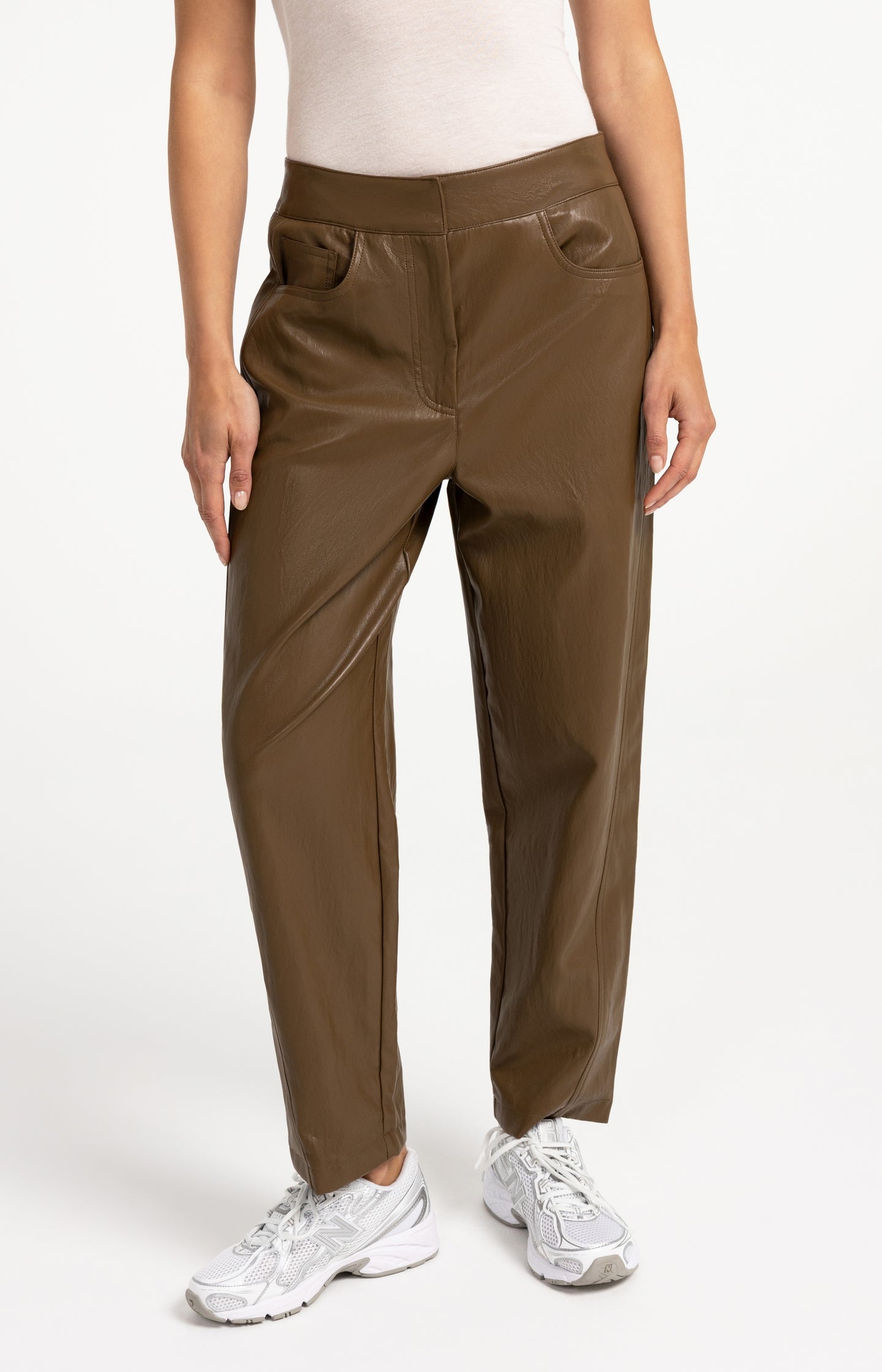 Faux leather carrot fit trousers