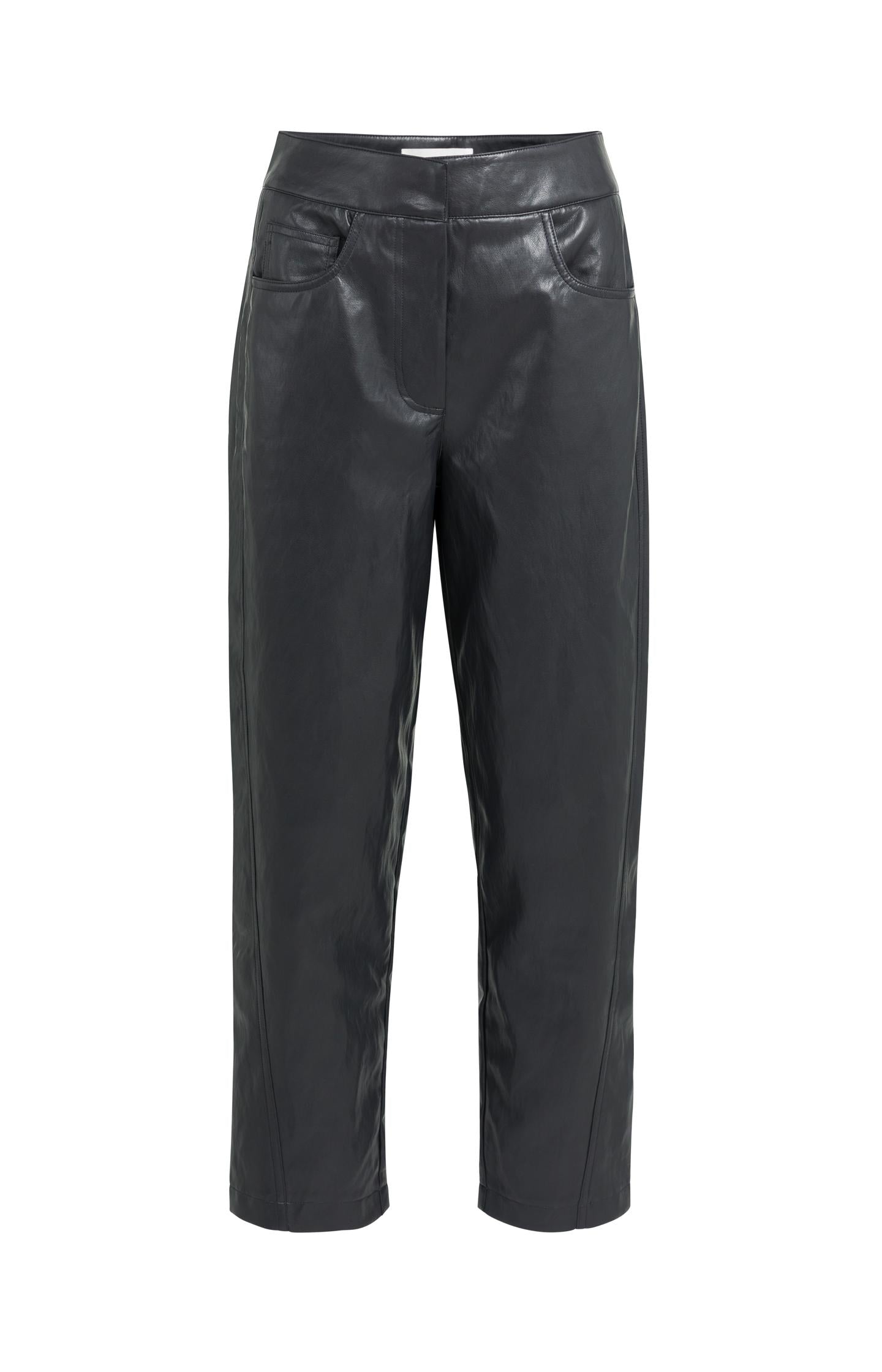 Faux leather carrot fit trousers with seam detail