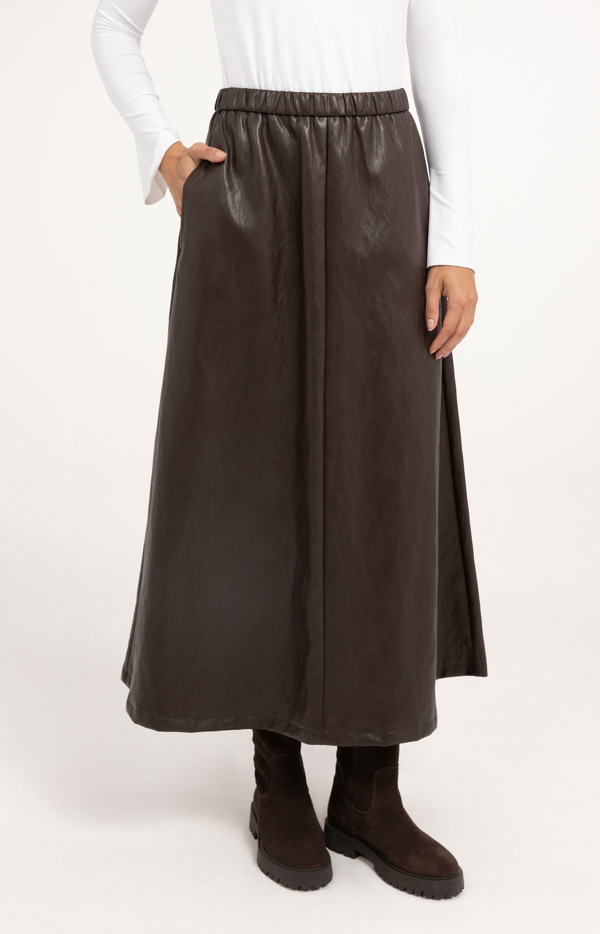 Faux leather midi skirt with pockets