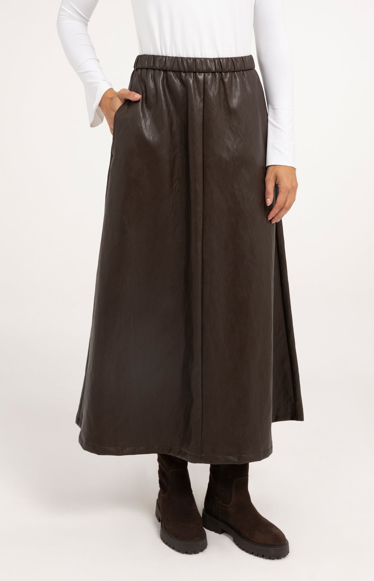 Faux leather midi skirt with pockets