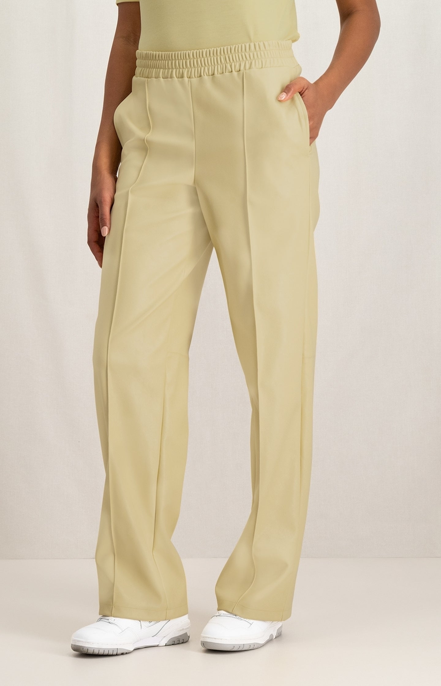 Faux leather wide leg trousers with elastic waist and pocket