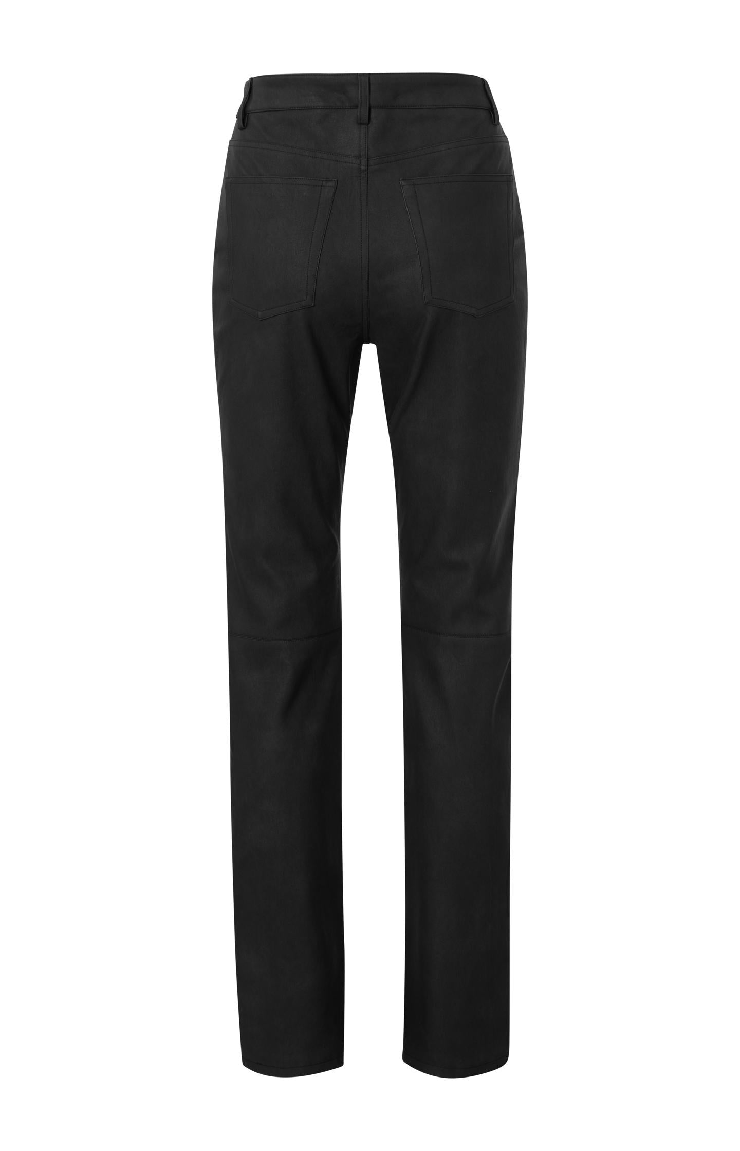 Faux nubuck leather pants with high waist, pockets and slit