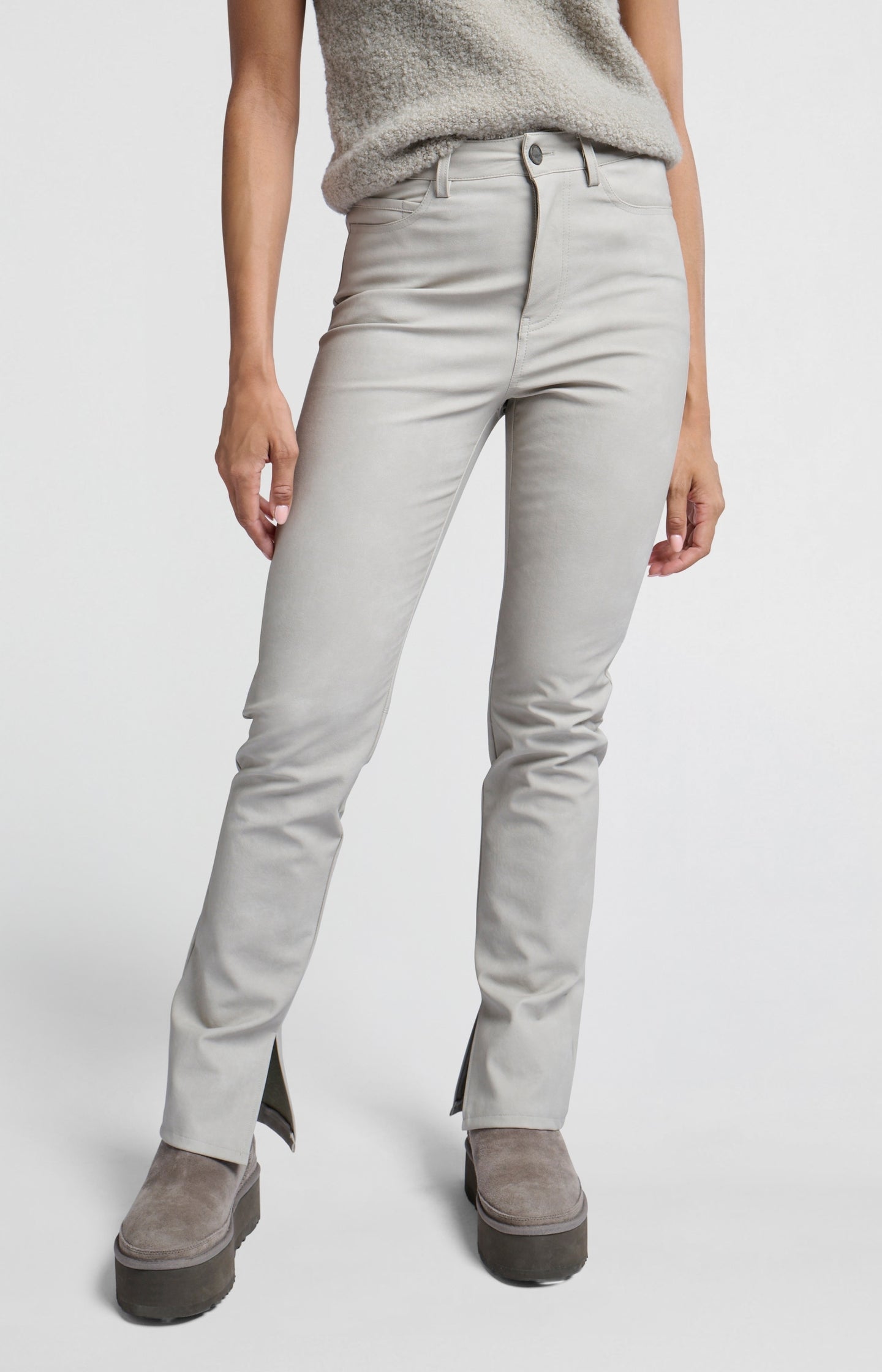 Faux nubuck leather pants with high waist, pockets and slit - Type: lookbook