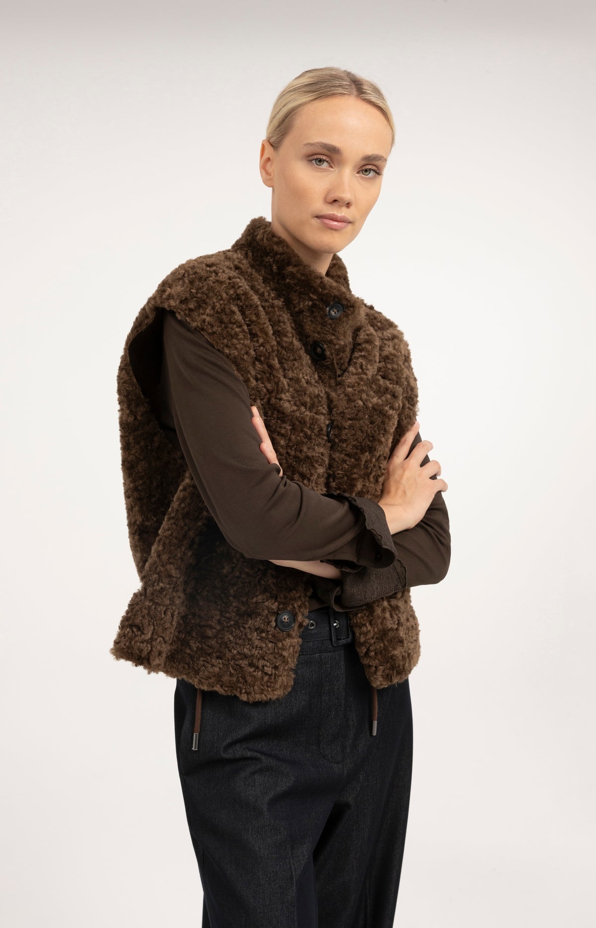 Faux shearling bodywarmer with cord details - Brown