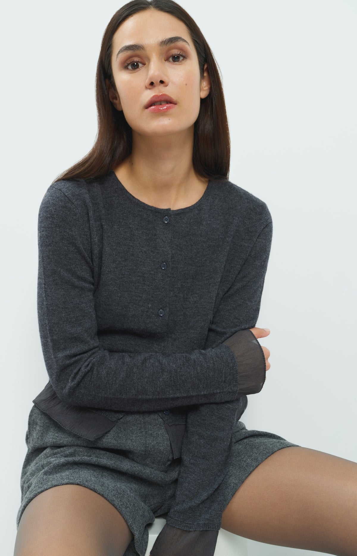 Fine-knit cardigan with button closure - Dark Anthracite Melange
