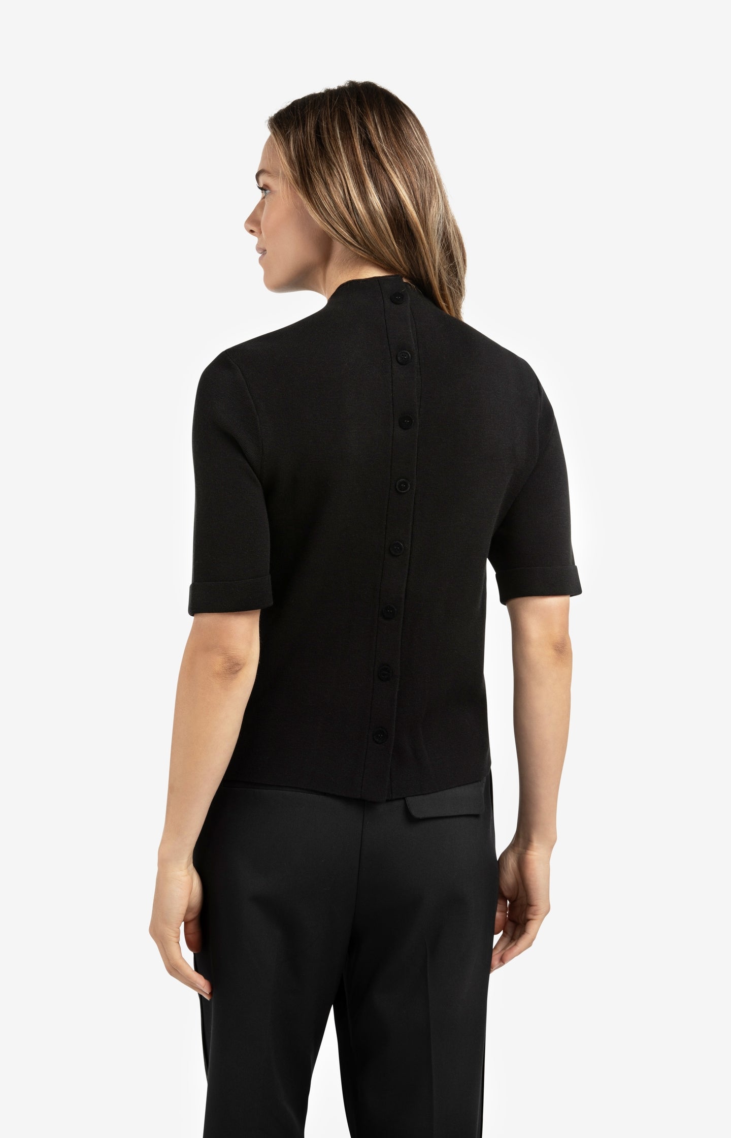 Fine knit sweater with back button detail and short sleeves