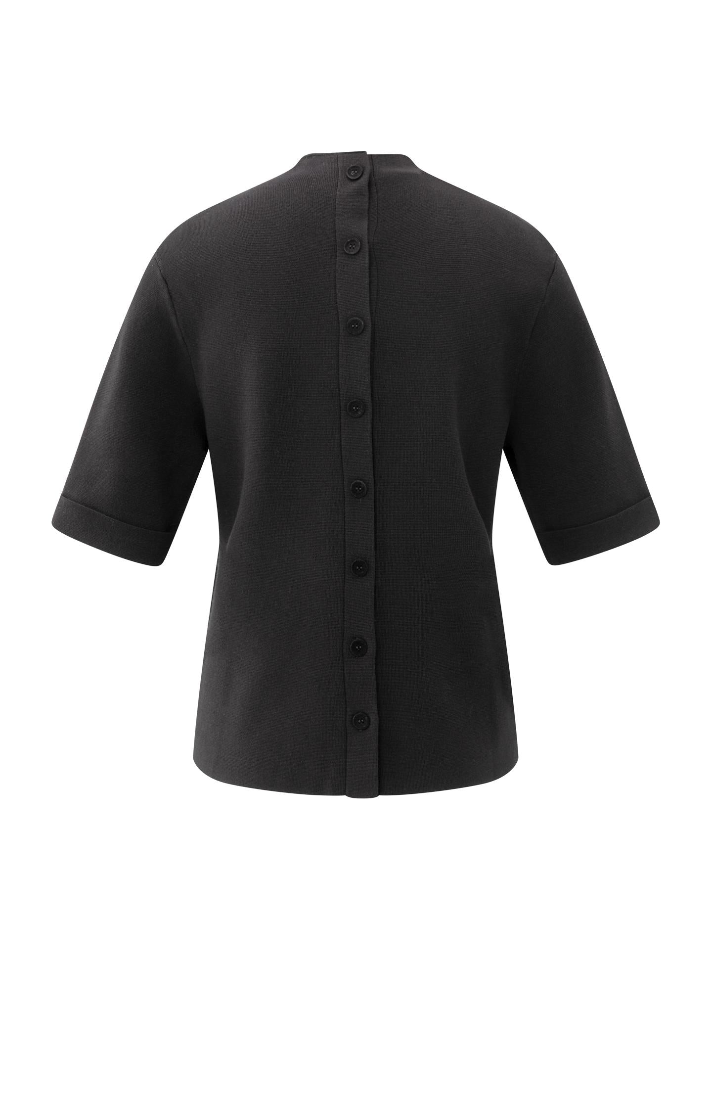 Fine knit sweater with back button detail and short sleeves