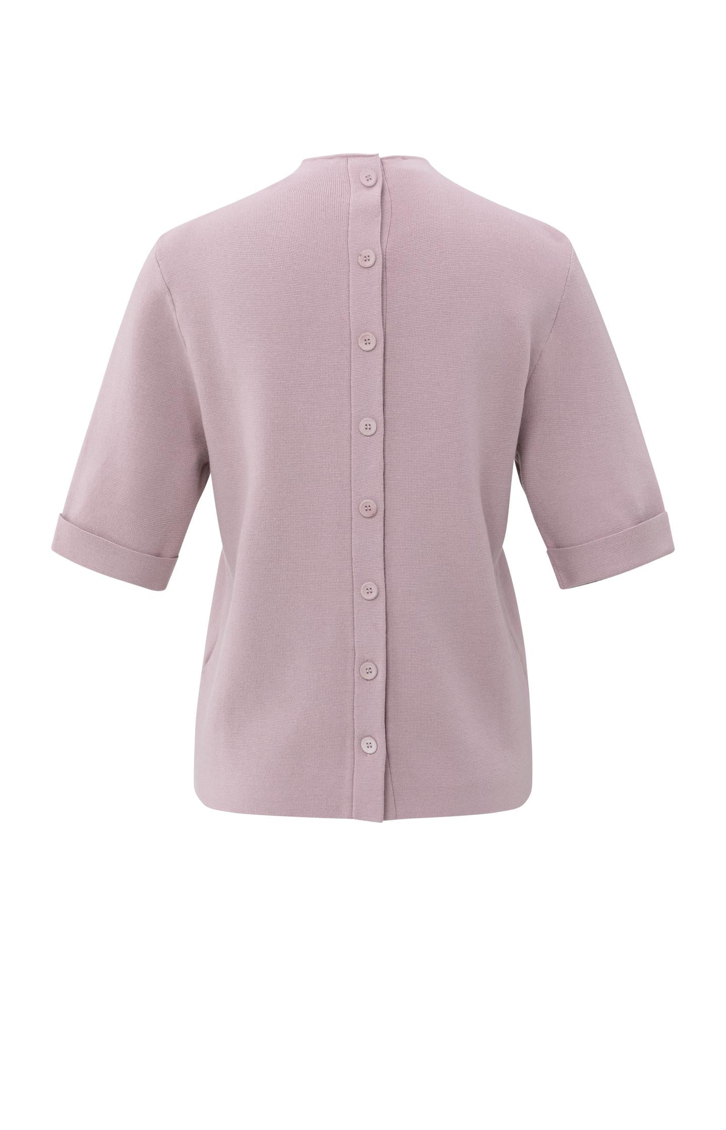 Fine knit sweater with back button detail and short sleeves