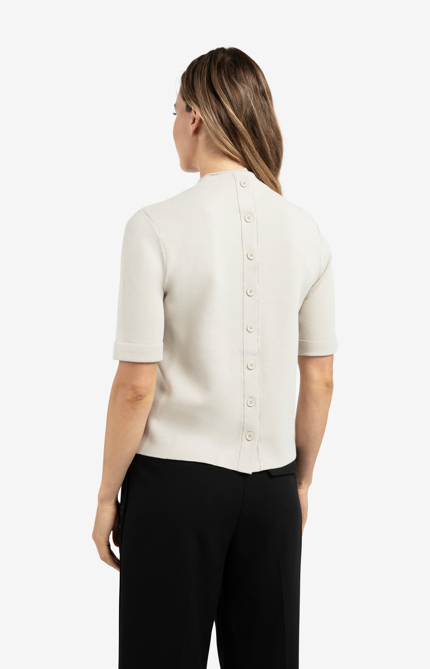 Fine knit sweater with back button detail and short sleeves