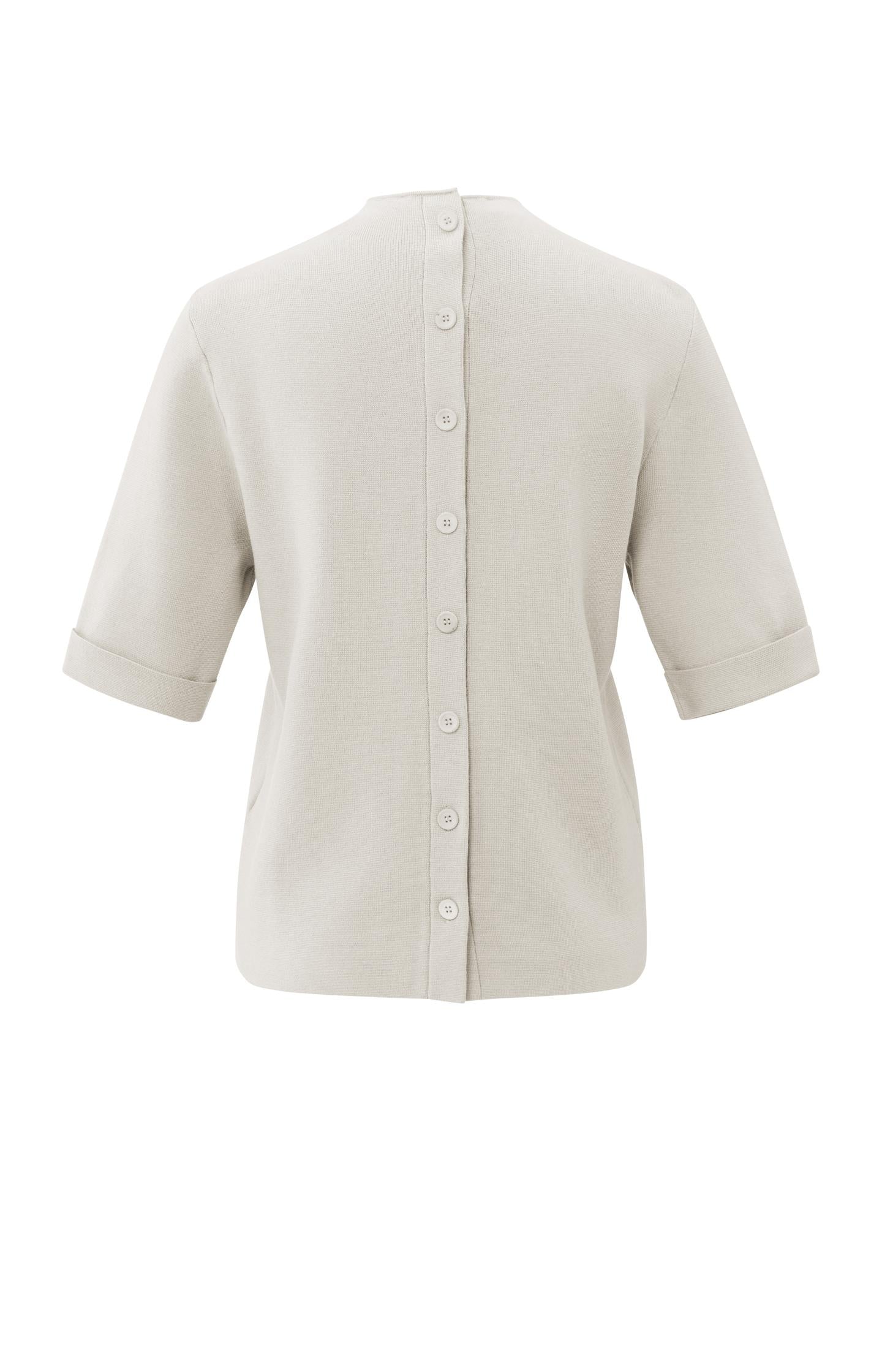 Fine knit sweater with back button detail and short sleeves