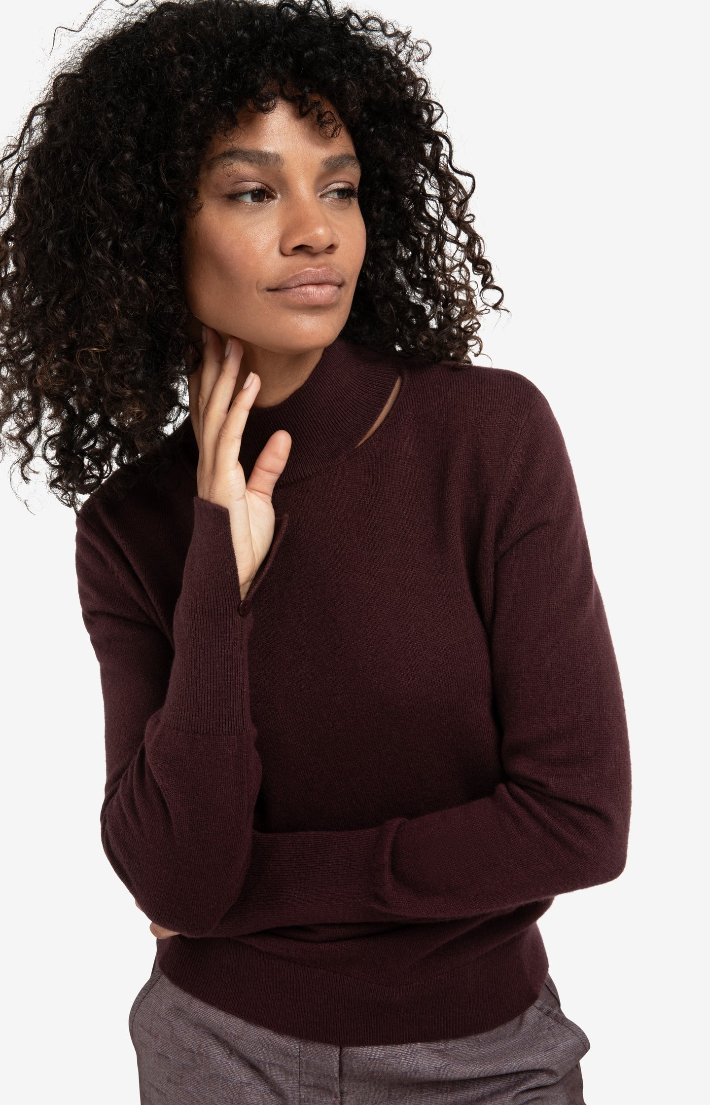 Fine knit sweater with mock neck and cut-out neckline