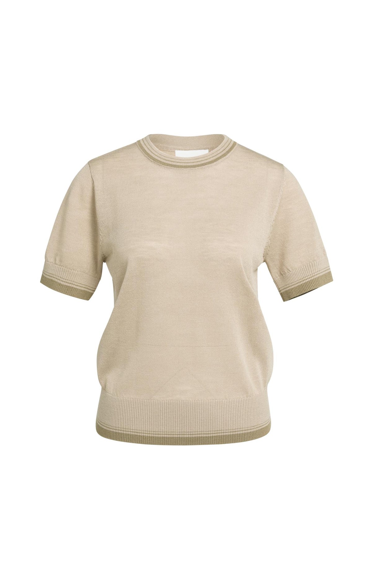 Fine-knit sweater with short sleeves and contrast trims - Beige
