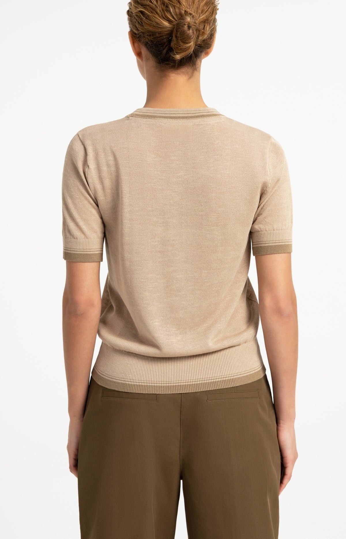 Fine-knit sweater with short sleeves and contrast trims - Beige