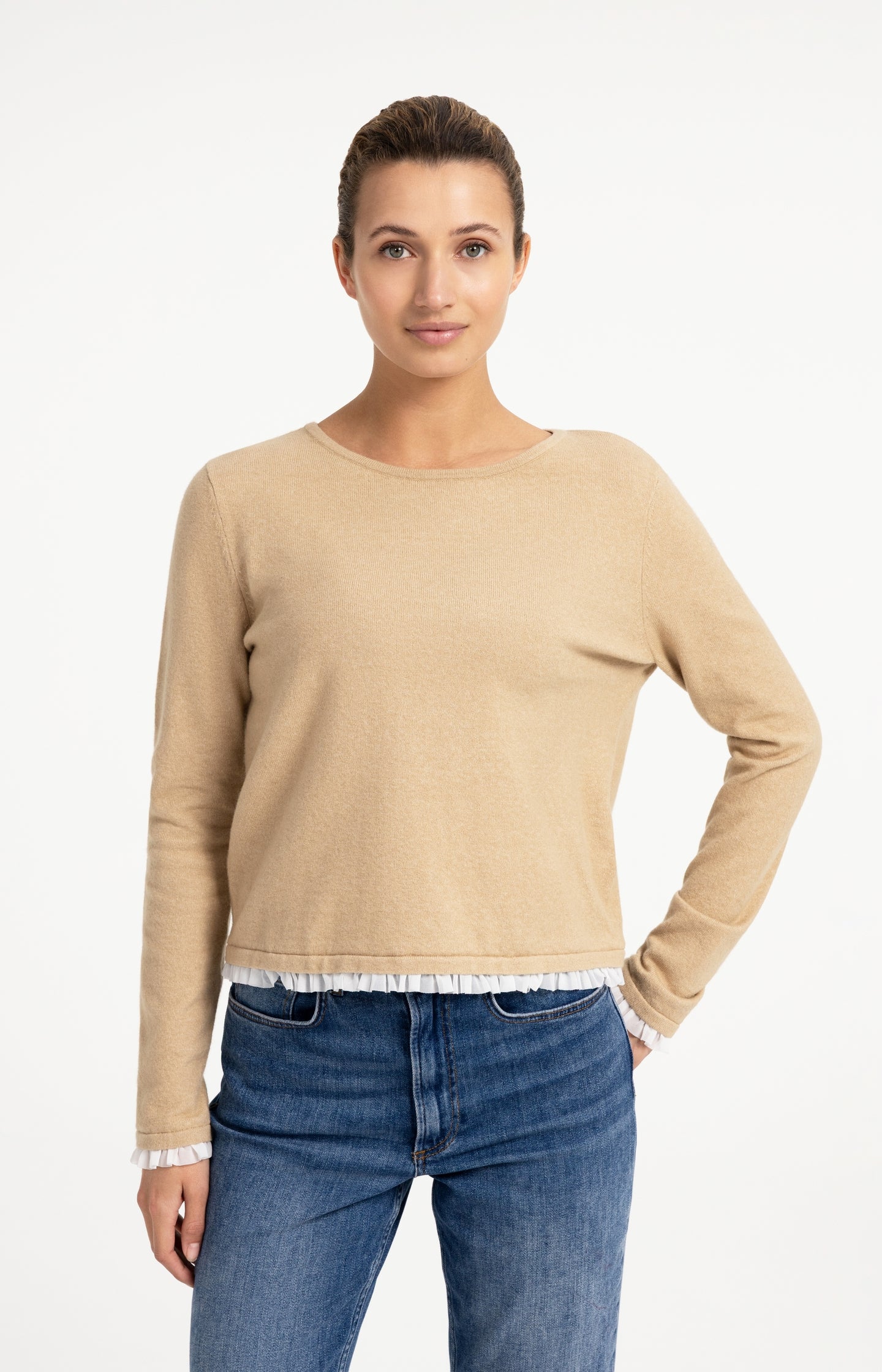 Fine knit top with woven ruffle trims