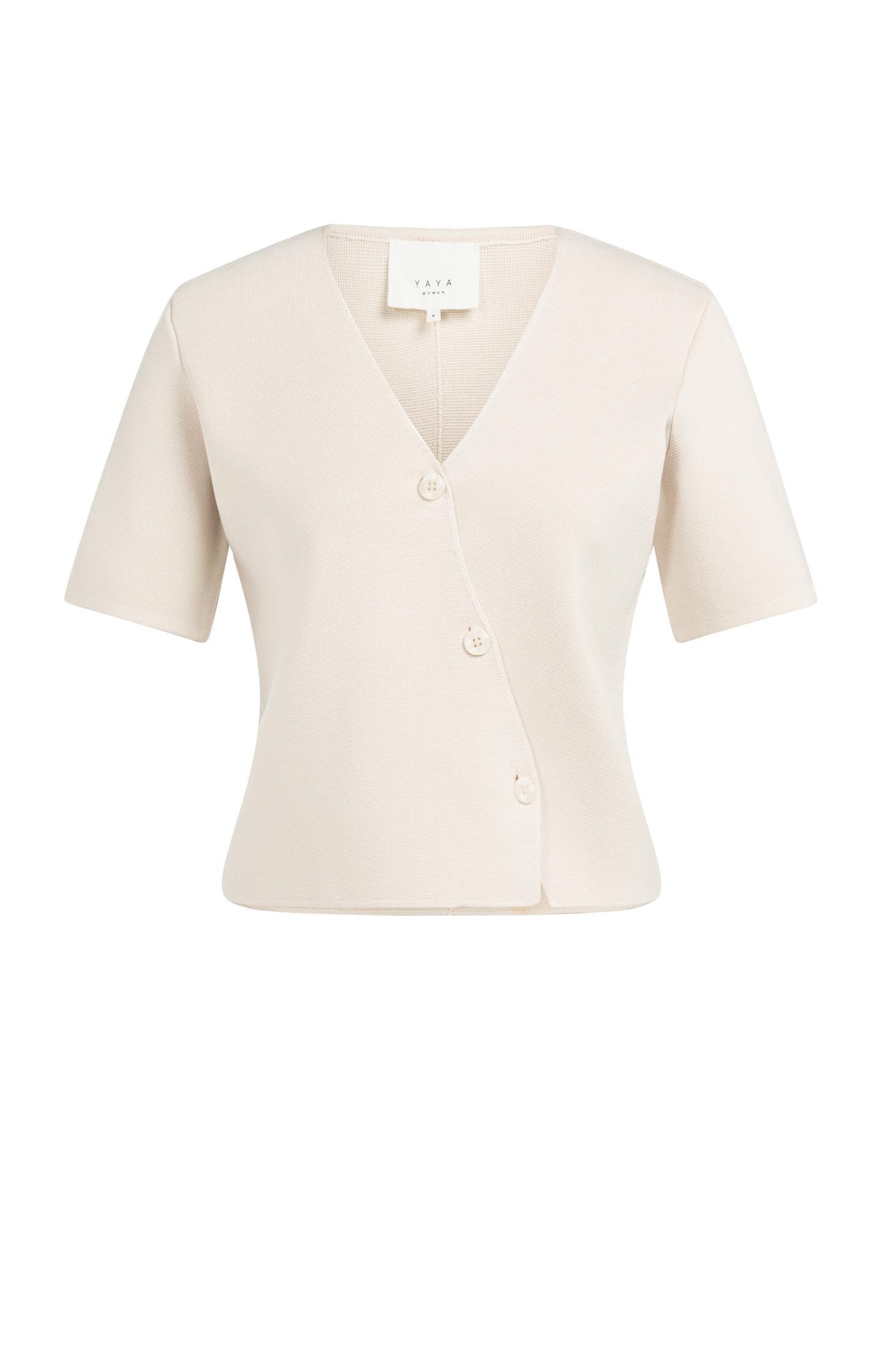 Fine knitted gilet with V-neck and slanted button closure - Type: product