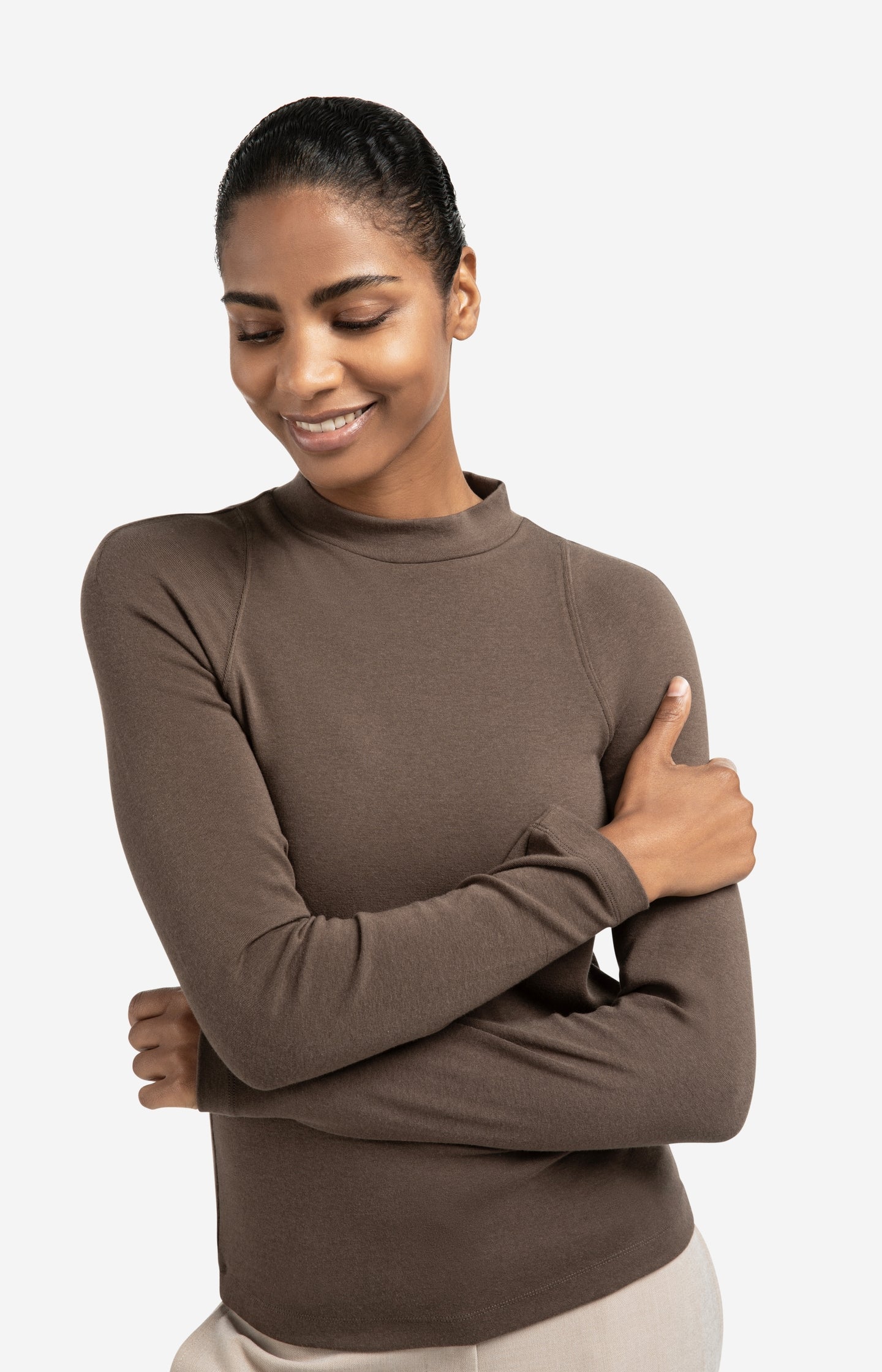 Fitted long sleeve top with mock neck
