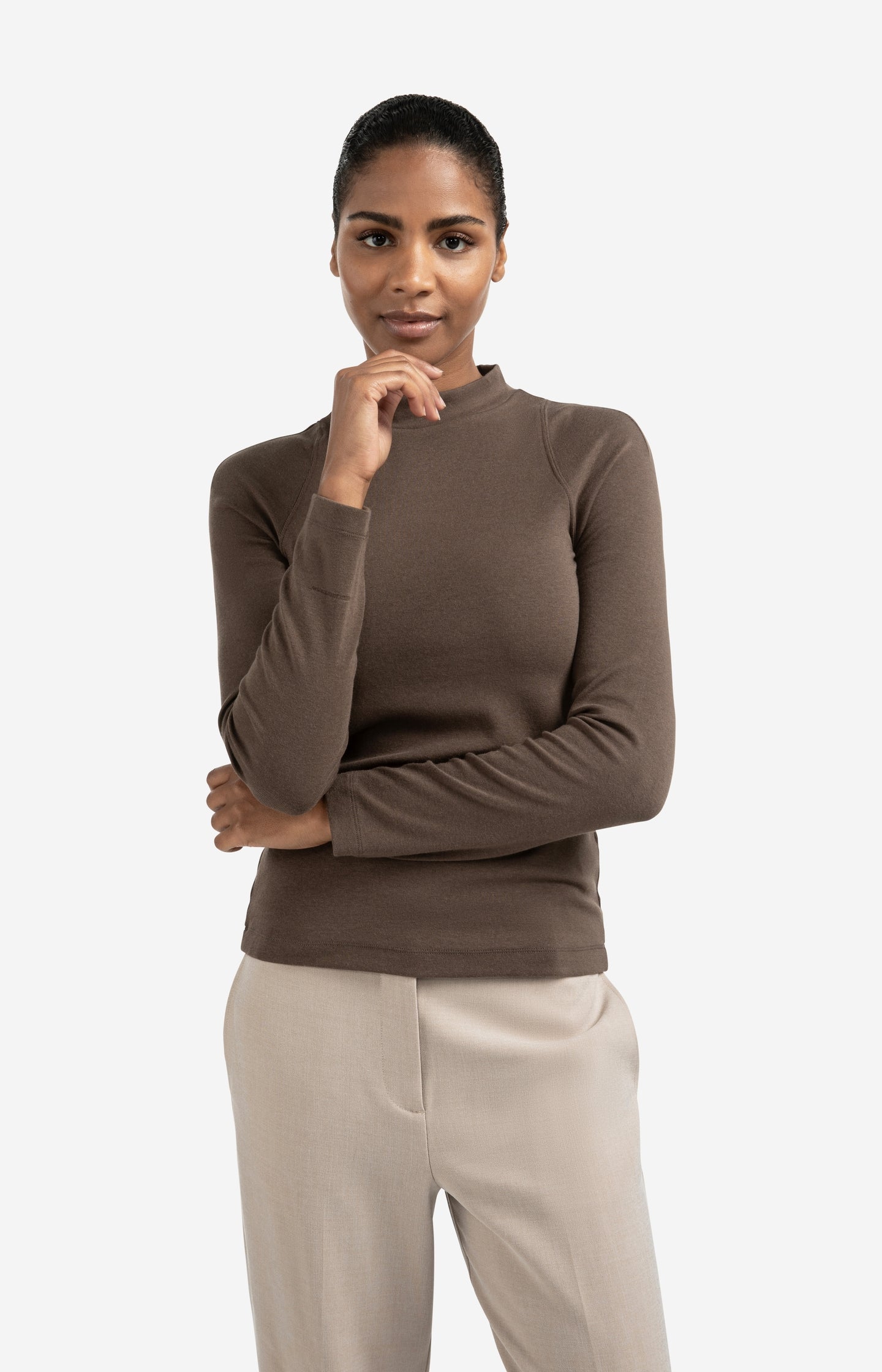 Fitted long sleeve top with mock neck