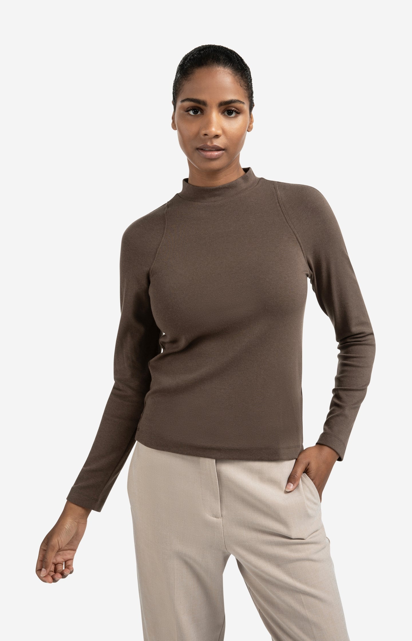 Fitted long sleeve top with mock neck
