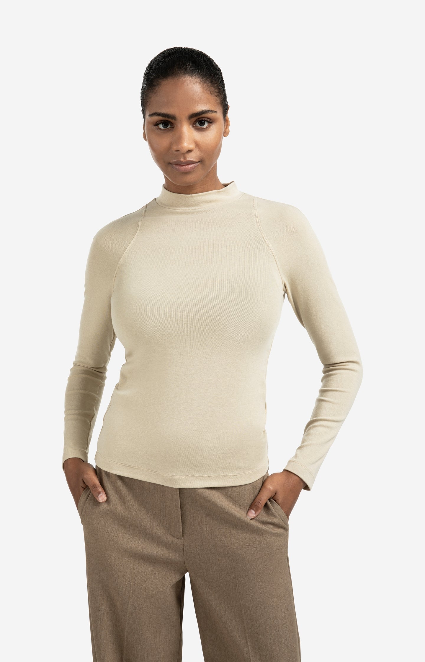 Fitted long sleeve top with mock neck