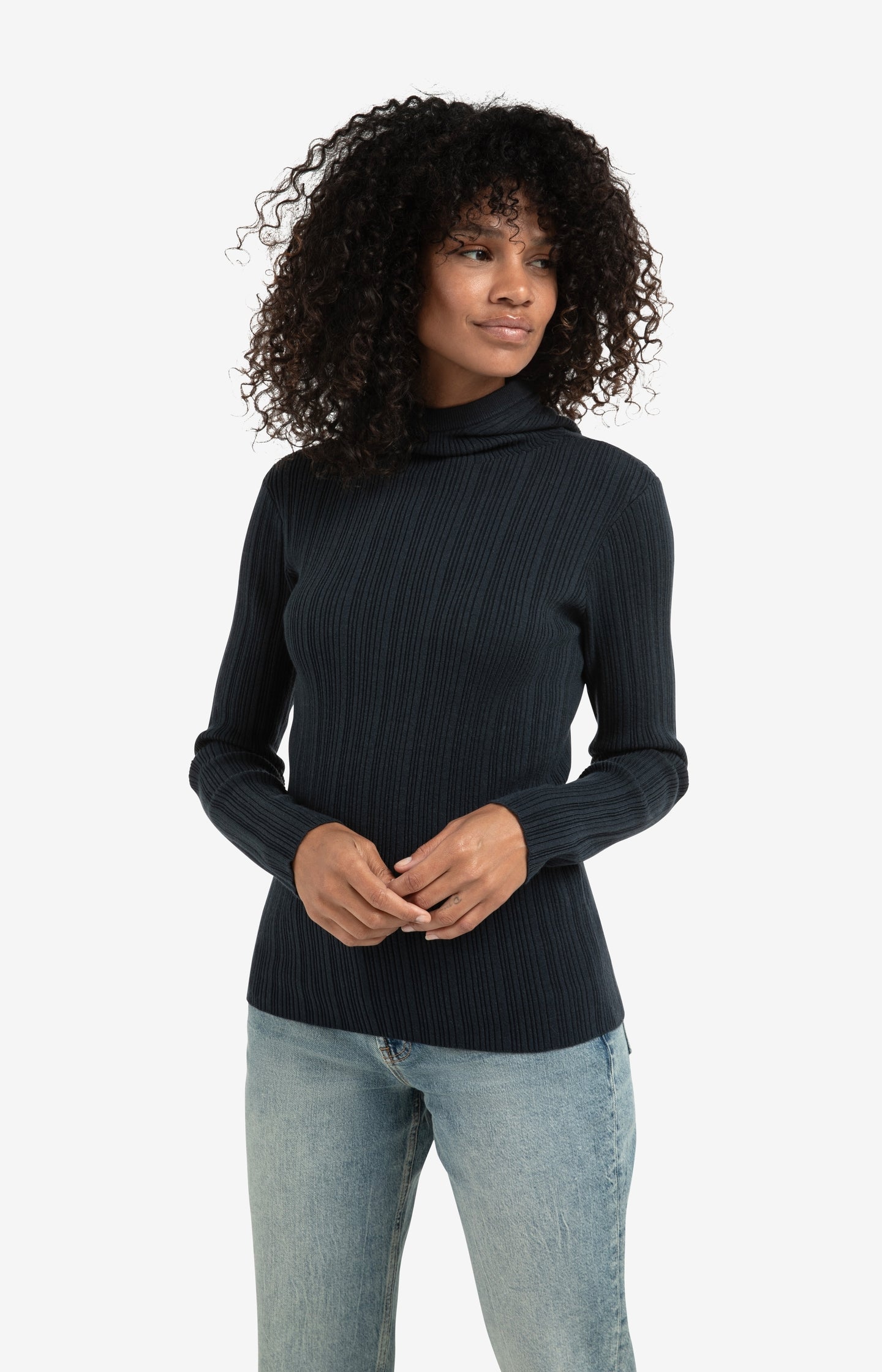 Fitted ribbed sweater with hood and high neck - Main Image
