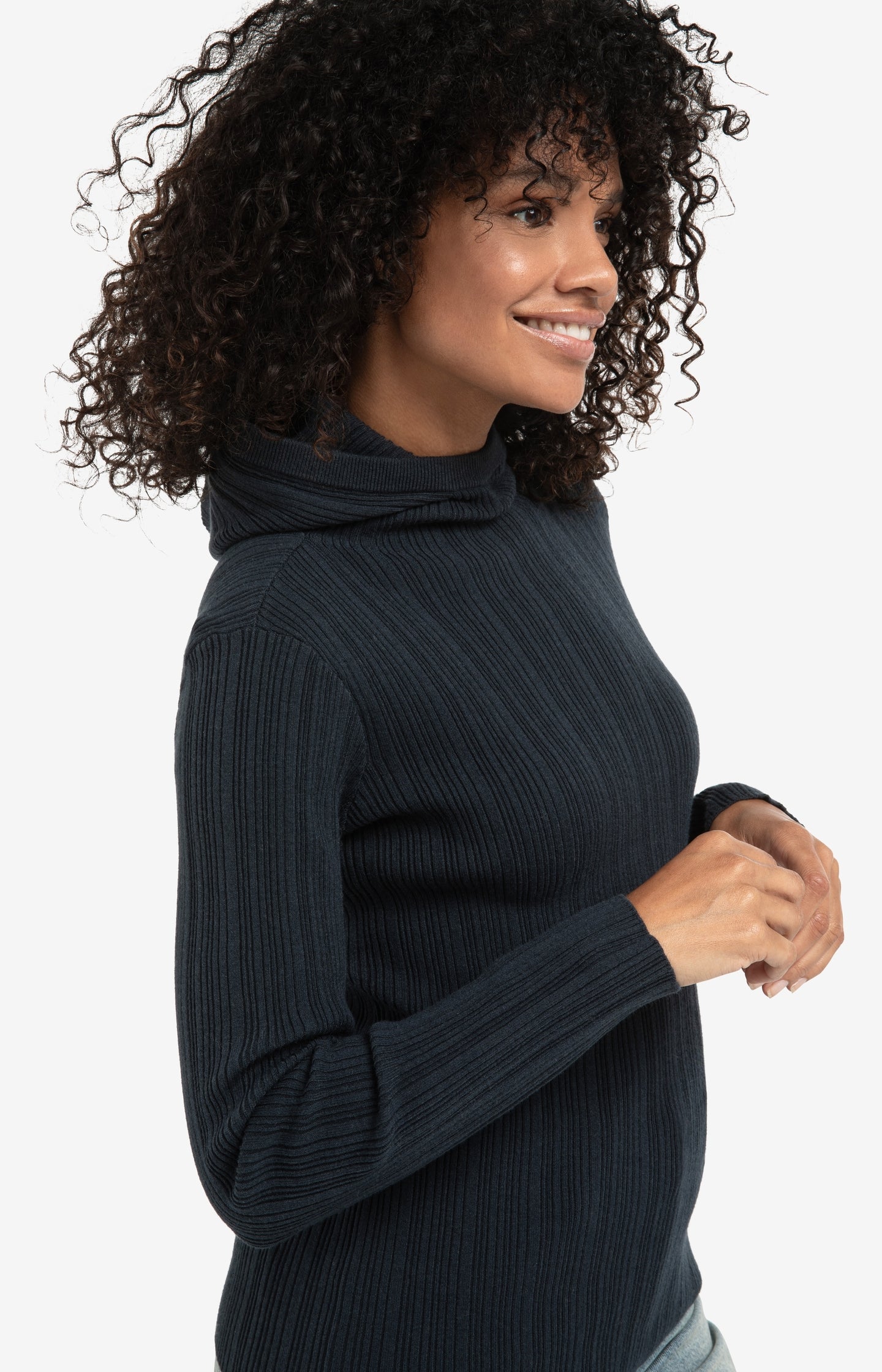 Fitted ribbed sweater with hood and high neck