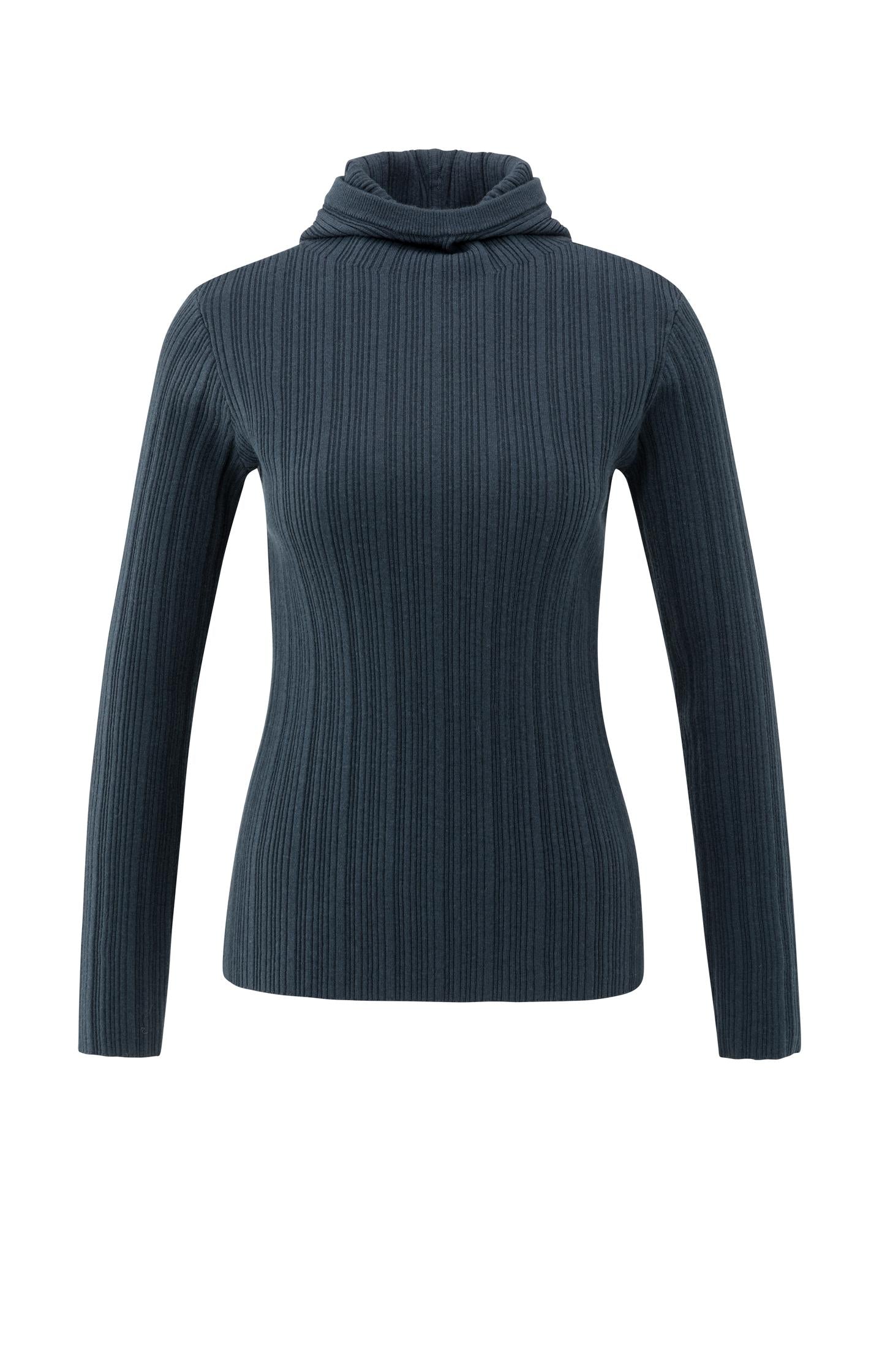 Fitted ribbed sweater with hood and high neck - Type: product