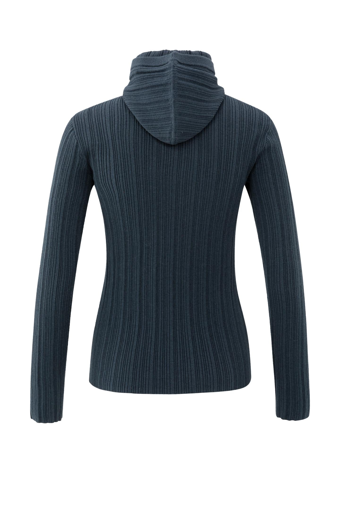Fitted ribbed sweater with hood and high neck