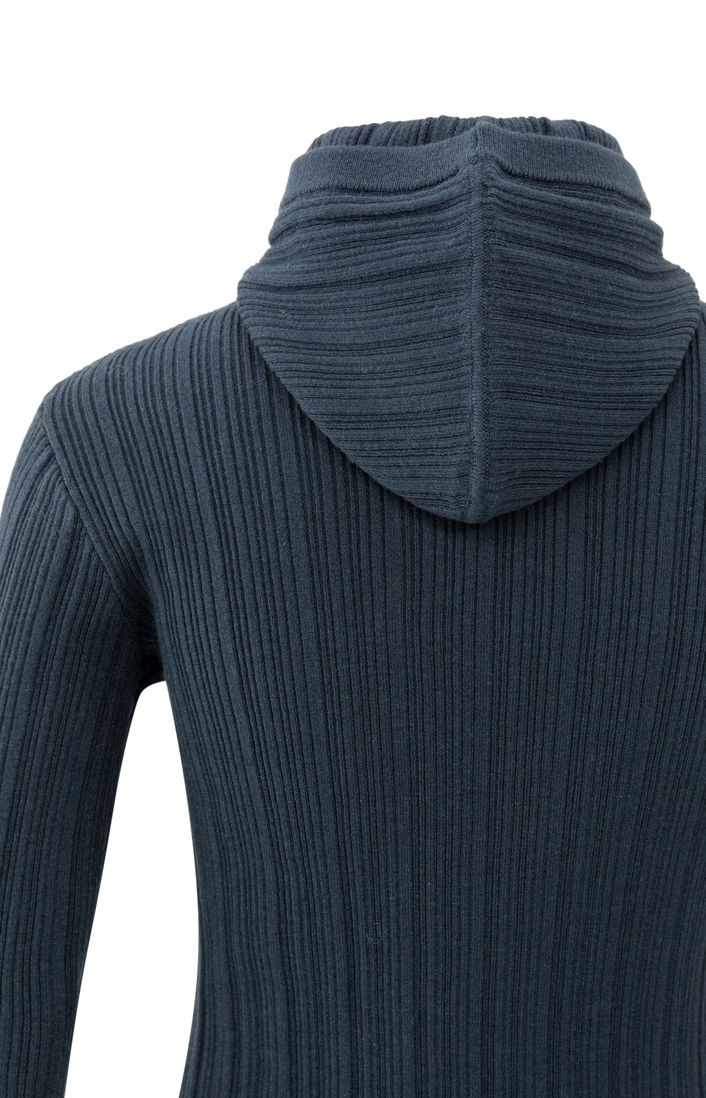 Fitted ribbed sweater with hood and high neck