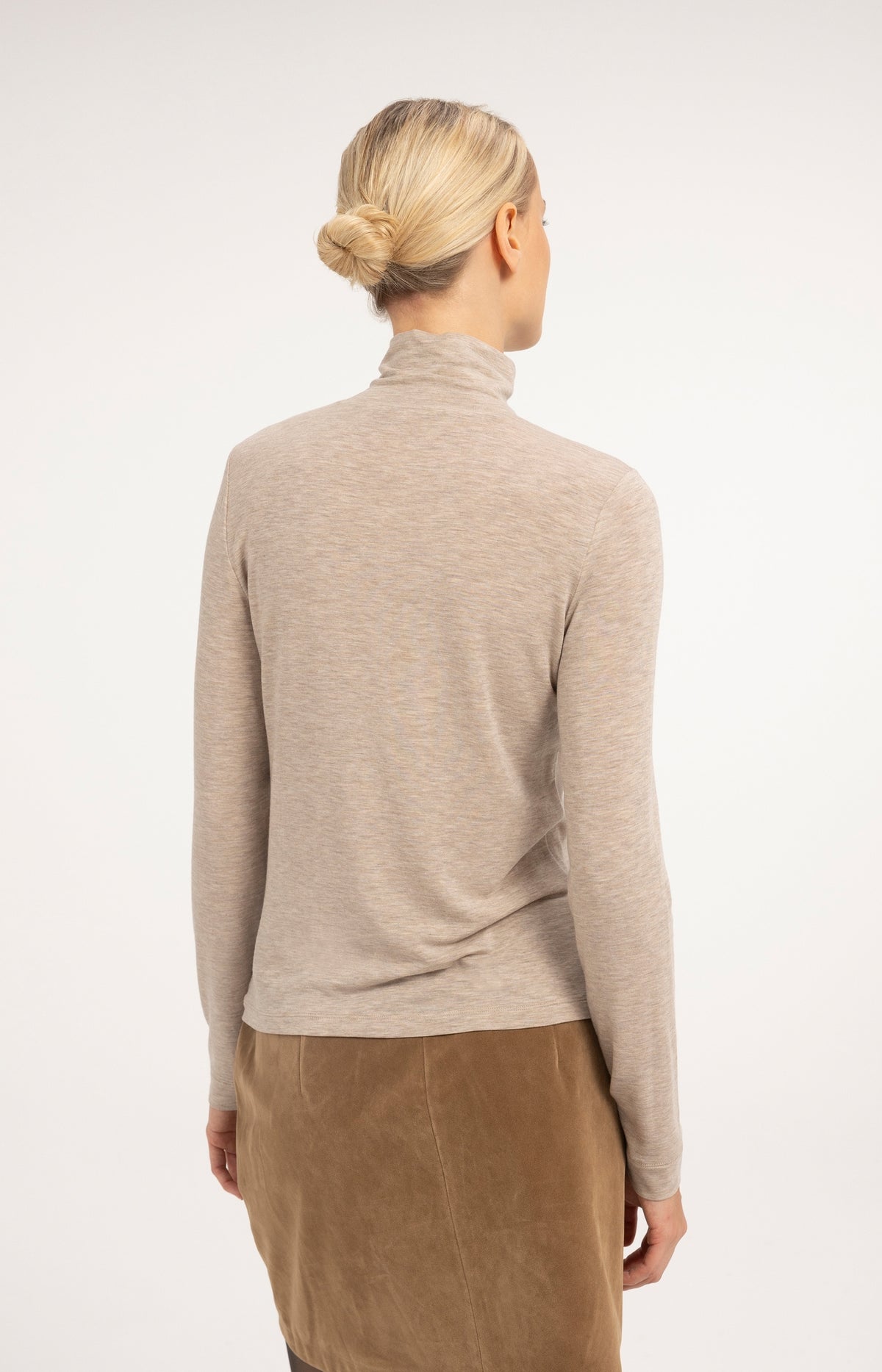 Fitted top with high neck and press buttons - Beige Melange