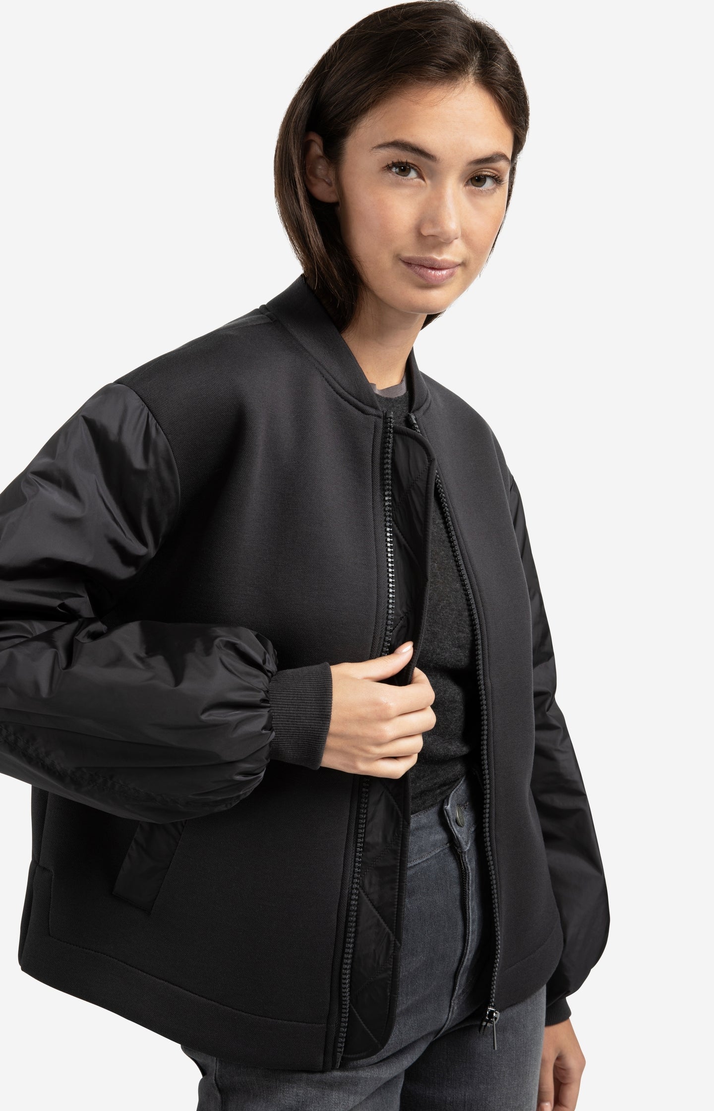Fleece bomber jacket with nylon sleeves