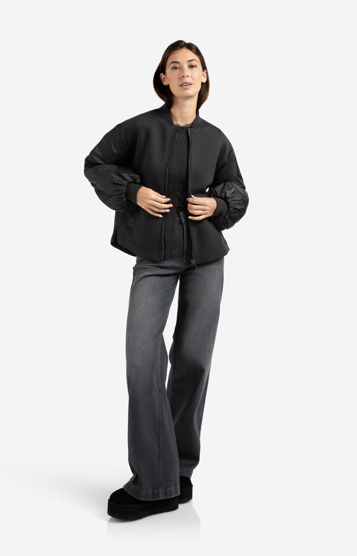 Fleece bomber jacket with nylon sleeves