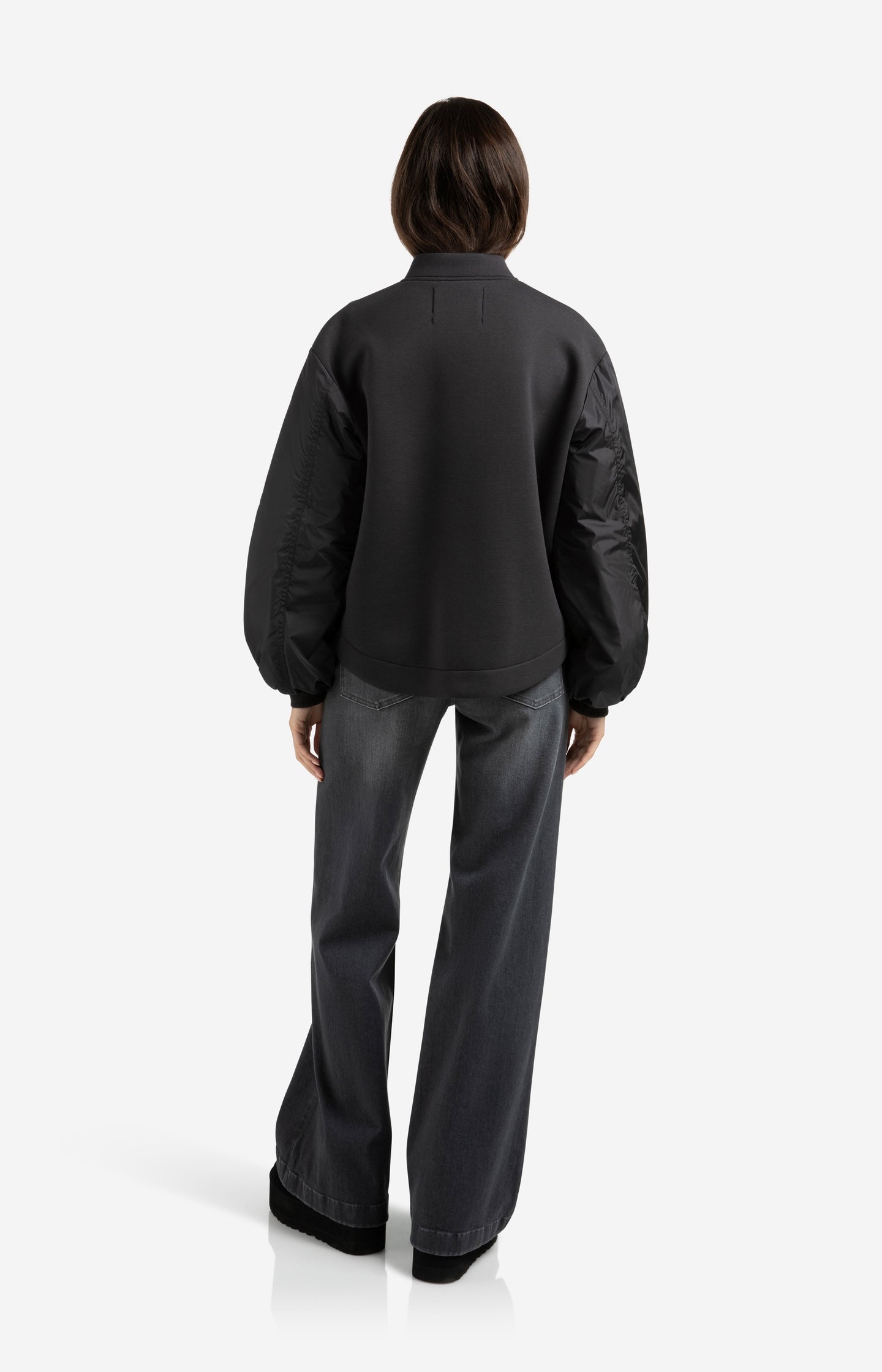 Fleece bomber jacket with nylon sleeves
