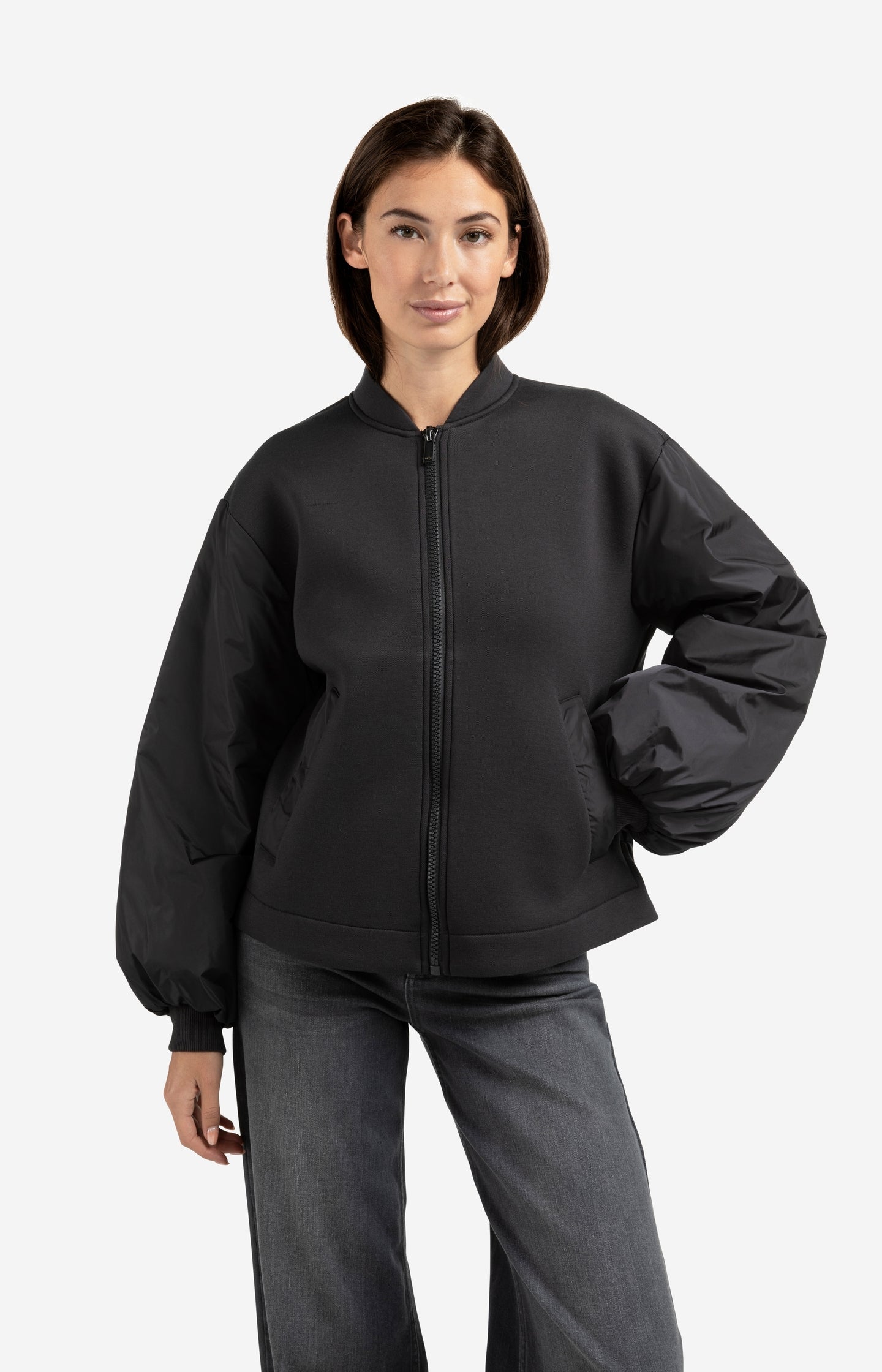 Fleece bomber jacket with nylon sleeves