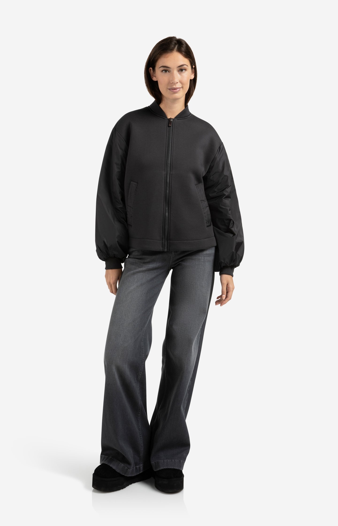 Fleece bomber jacket with nylon sleeves