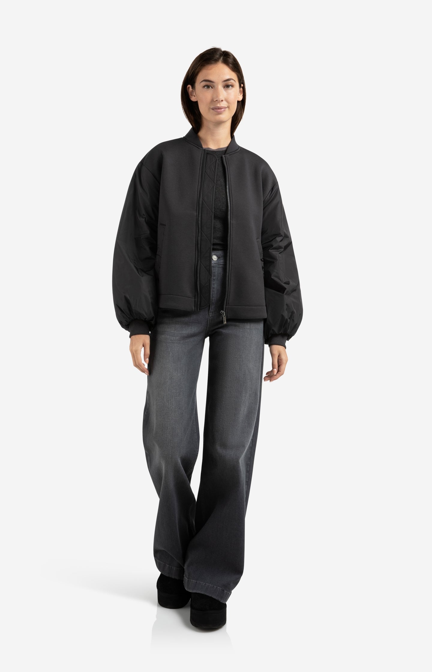 Fleece bomber jacket with nylon sleeves